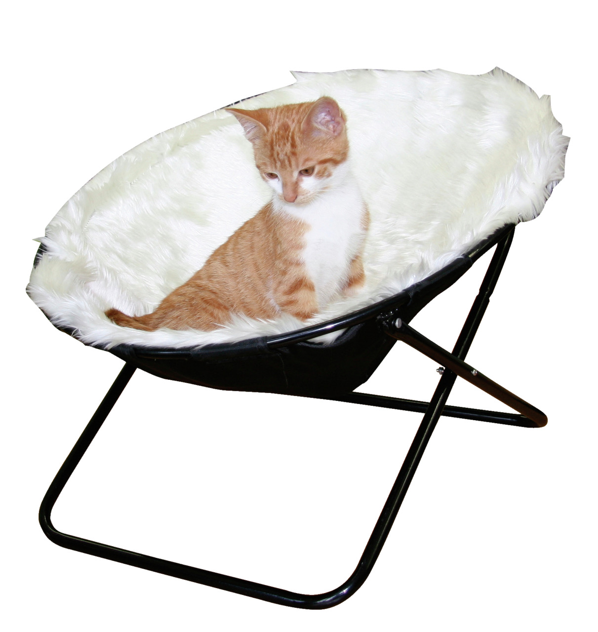 Ein orange-weißer Kater sitzt in einem luxuriösen, runden Katzenstuhl der Marke KERBL. Der Stuhl hat ein schwarzes Metallgestell und eine weiche, weiße Plüschauflage, die hohen Komfort bietet. Ideal für Katzen als Rückzugsort und Entspannung. Perfekt für 