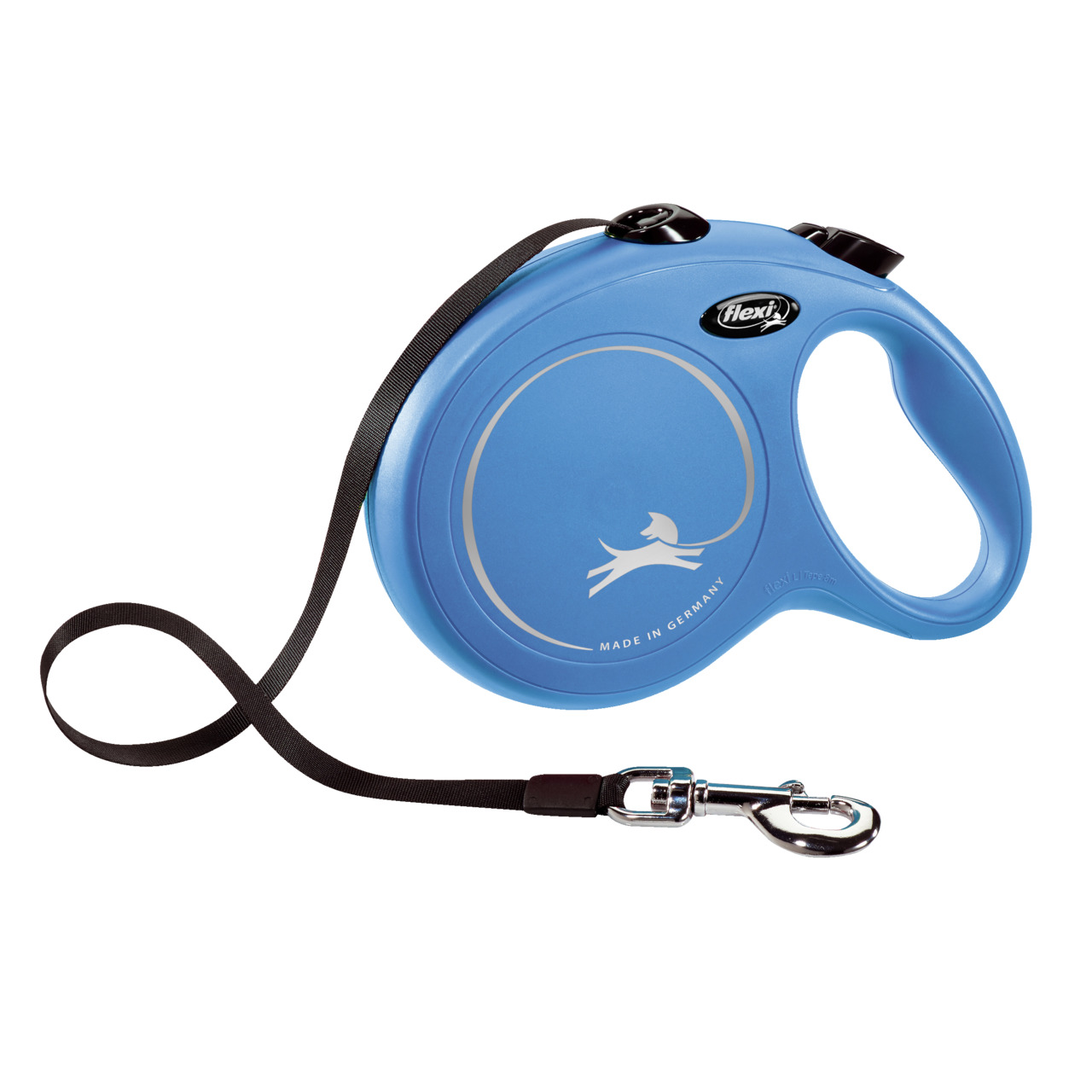 Das Bild zeigt eine blaue Flexi Hundeleine aus der Classic-Serie, geeignet für Hunde. Die Leine ist ausziehbar und verfügt über ein ergonomisches Griffdesign. Sie ist mit einem stabilen Karabinerhaken ausgestattet und trägt die Aufschrift „Made in Germany