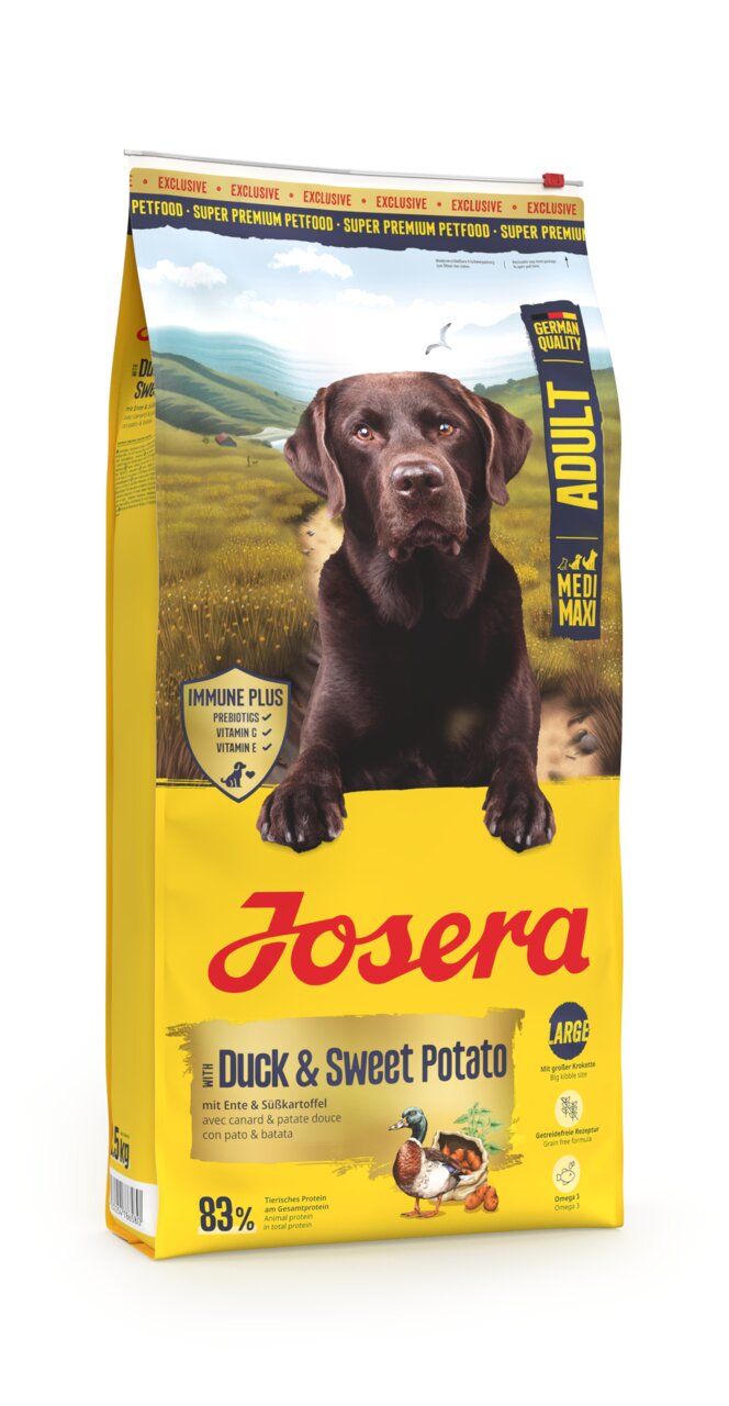 Trockenfutter Josera Duck & Sweet Potato für Hunde, Geschmacksrichtung Ente & Süßkartoffel, 5 kg, ohne Getreide, reich an Vitaminen.