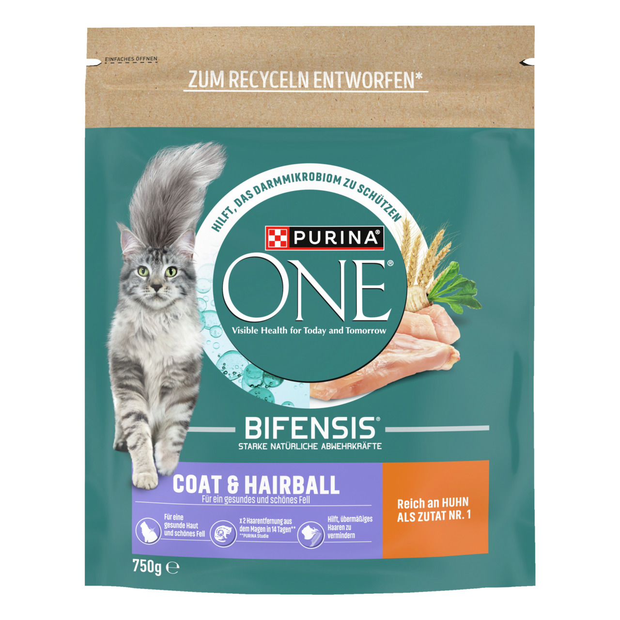Purina ONE Bifensis Coat & Hairball, Katzenfutter für ausgew. Katzen, Huhn, stärkt Immunsystem & Fell, 750 g.