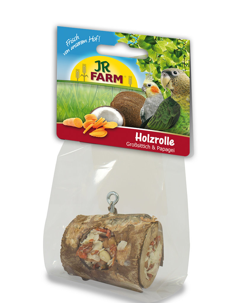 JR FARM Holzrolle für Großsittiche & Papageien, gefüllt mit Nüssen, Samen & Früchten, Beschäftigung & Nahrungsergänzung, 1 Holzrolle.