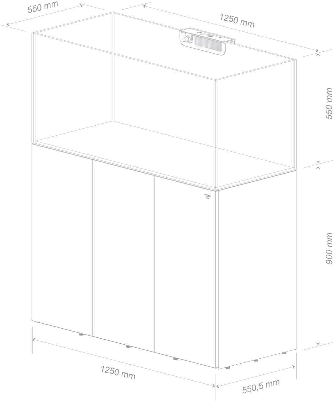 Nyos Aquarium-Set, 1250x550x1450 mm, inkl. Unterschrank, minimalistisches Design, ideal für Aquaristik-Enthusiasten.