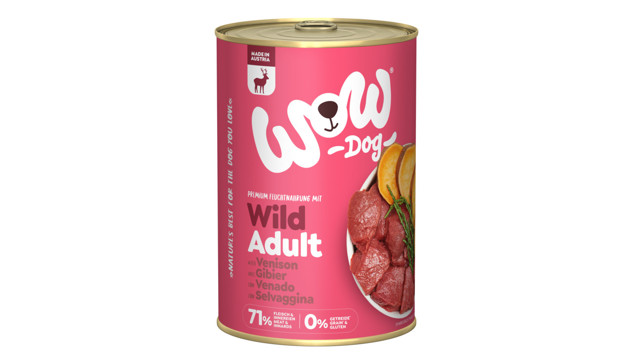 Das Bild zeigt eine rosafarbene Dose des Hundefutters „WOW DOG Wild Adult“ der Marke WOW DOG. Es handelt sich um ein Premium-Feuchtfutter für ausgewachsene Hunde mit der Geschmacksrichtung Wild (Gibier). Die Dose enthält 71 % Fleisch und Innereien, ist ge