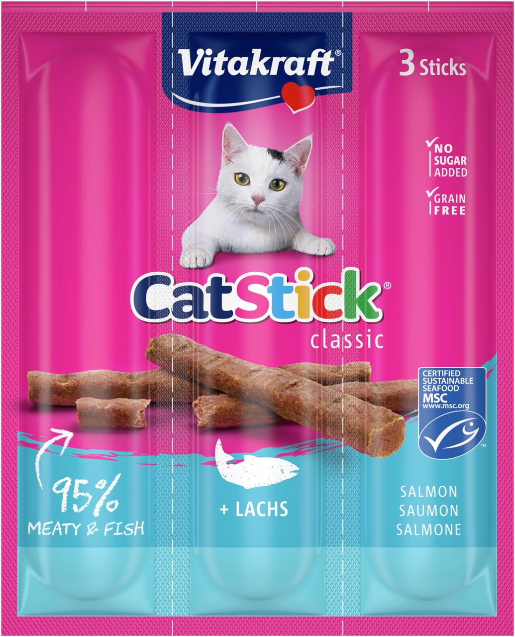 Das Bild zeigt die Verpackung des Produkts „Vitakraft Cat Stick classic“ für Katzen. Es handelt sich um Katzensnacks mit Lachs-Geschmack, geeignet für alle Katzen. Die Packung enthält 3 Sticks mit 95 % Fleisch- und Fischanteil. Sie ist zuckerfrei, getreid