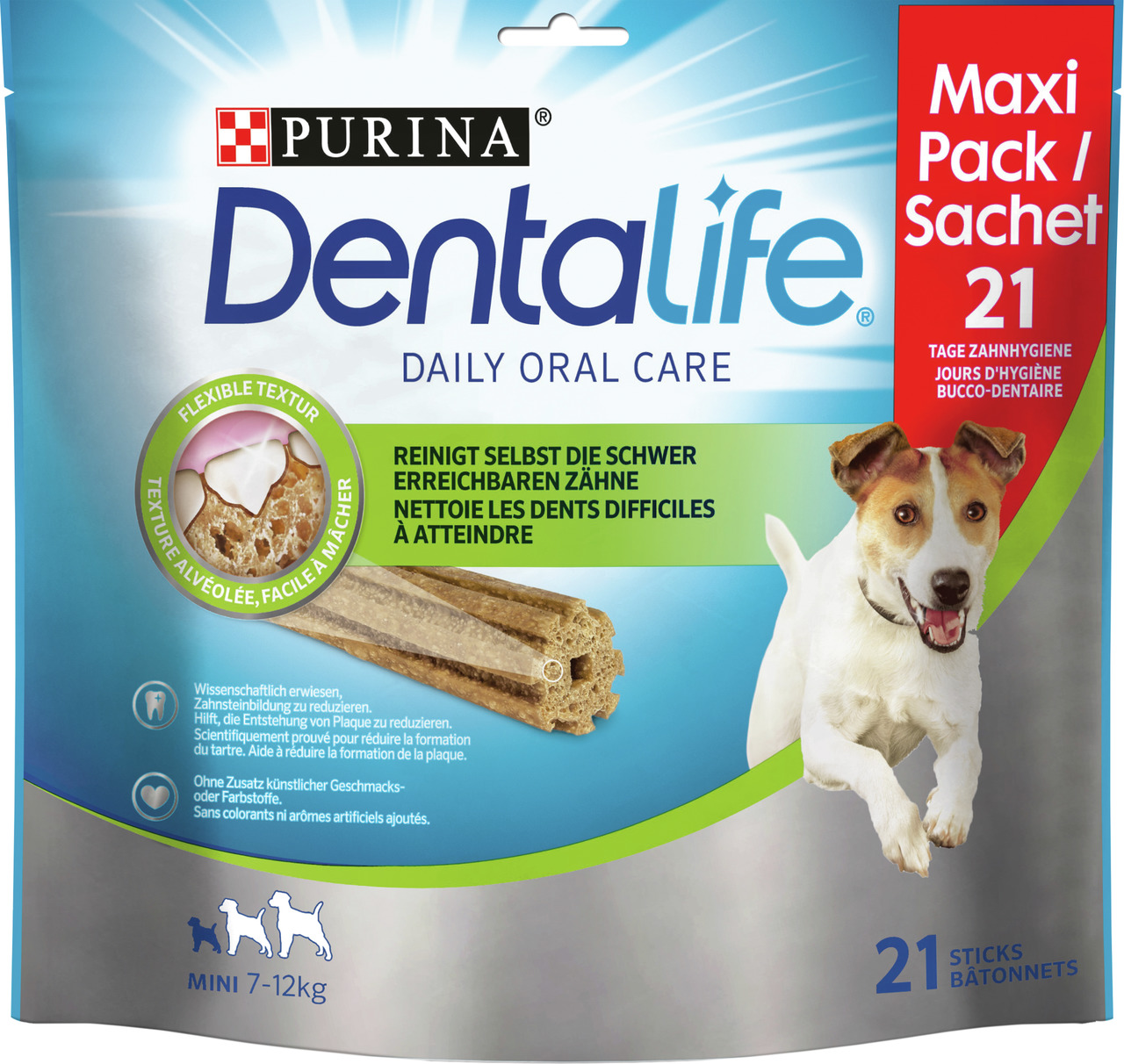 Purina DentaLife Daily Oral Care, Hunde 7-12 kg, Maxi-Pack 21 Sticks, reinigt Zähne, reduziert Plaque, natürliche Zutaten, ohne Zusätze.
