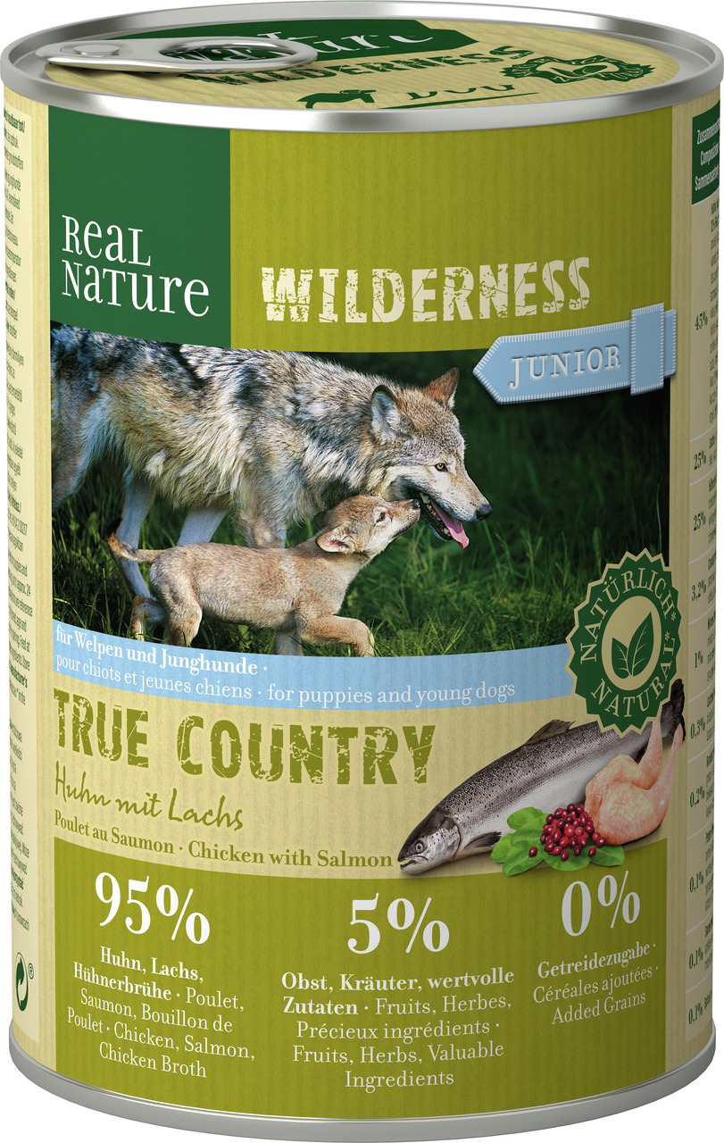REAL NATURE WILDERNESS Junior True Country, für Welpen/Junghunde, Huhn+Lachs, 0 % Getreide, 95 % Fleisch, 400 g.