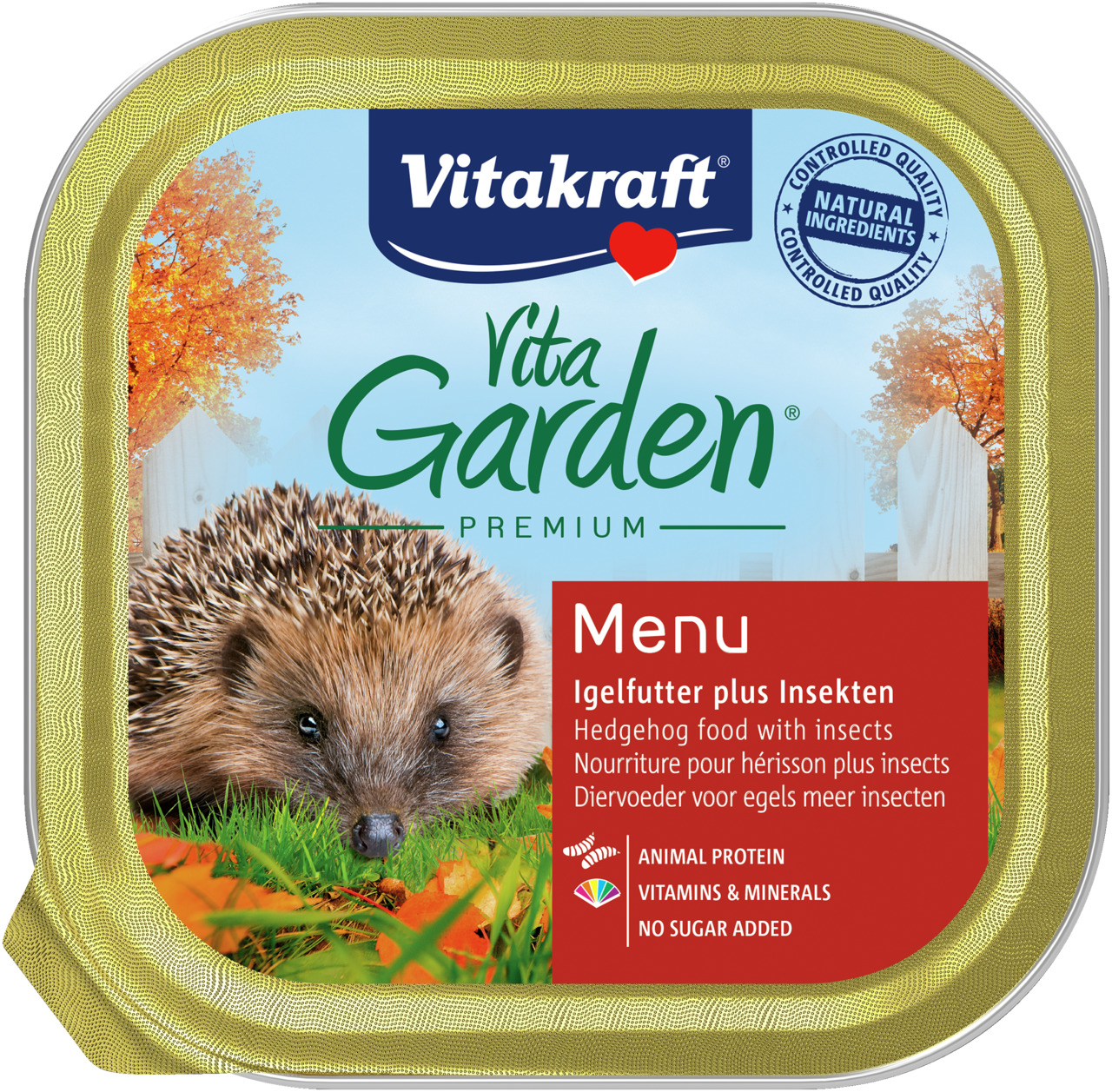 Das Bild zeigt eine Verpackung des Produkts „Vitakraft Vita Garden Premium Menu – Igelfutter plus Insekten“. Es handelt sich um ein spezielles Futter für Igel, das tierisches Protein, Vitamine und Mineralstoffe enthält. Die Verpackung betont, dass keine Z
