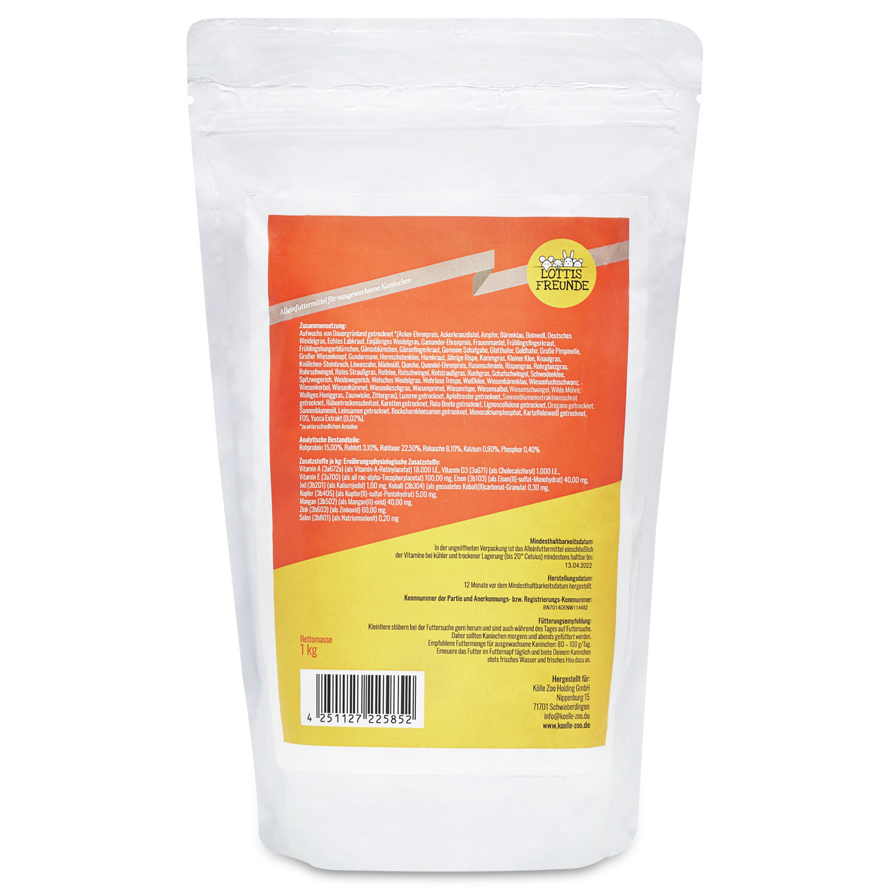 Lottis Freunde Trockenfutter für Hunde, 1 kg, mit detaillierten Infos zu Inhaltsstoffen & analytischen Bestandteilen.