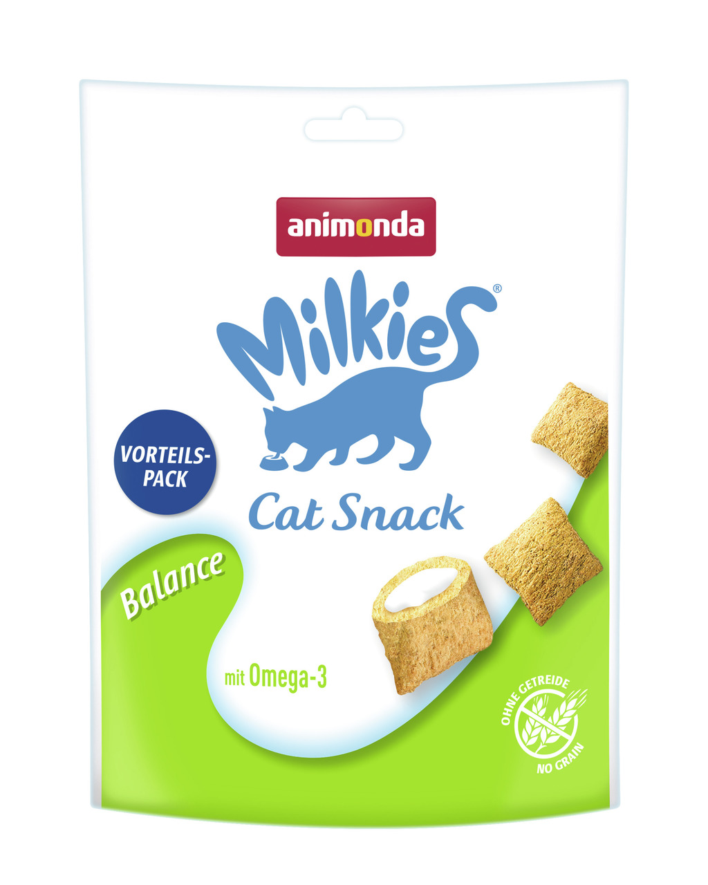 Das Bild zeigt eine Verpackung des Produkts „animonda Milkies Cat Snack Balance“. Es handelt sich um einen Katzensnack für ausgewachsene Katzen. Die Geschmacksrichtung ist nicht explizit angegeben, jedoch wird mit Omega-3 geworben. Die Verpackung ist ein 