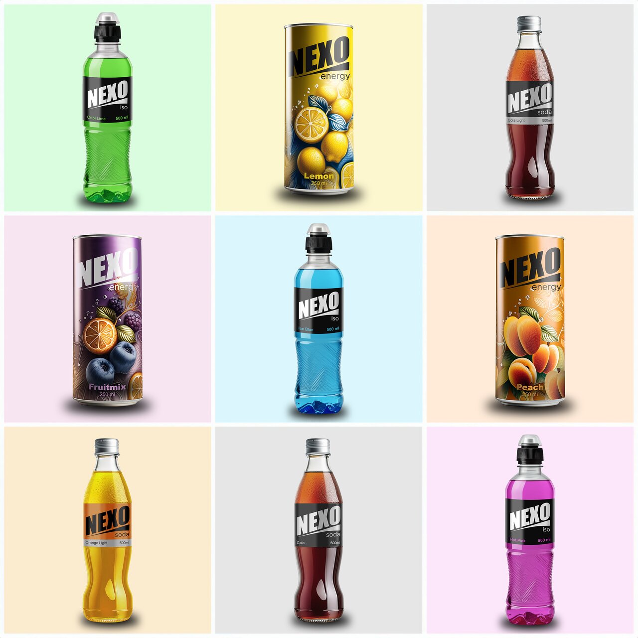 NEXO Energy Lemon, koffeinhaltiges Erfrischungsgetränk in 250-ml-Dose mit Zitronenmotiv, Teil einer Sortenübersicht.