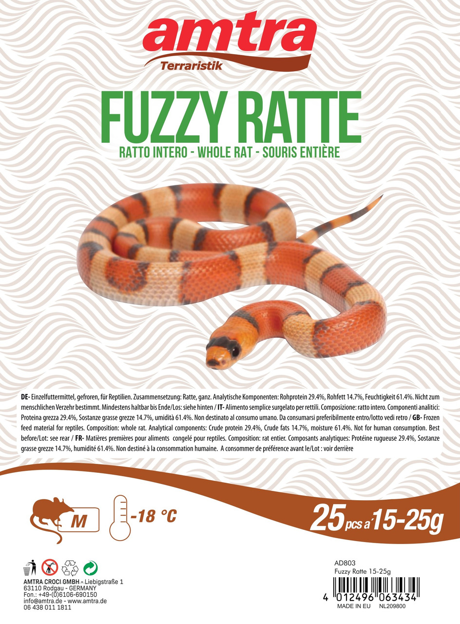 amtra Fuzzy Ratte, Einzelfuttermittel für mittelgr. Reptilien, 15–25 g, 25 Stk., ganze Ratten, gefroren, Marke: amtra Terraristik.