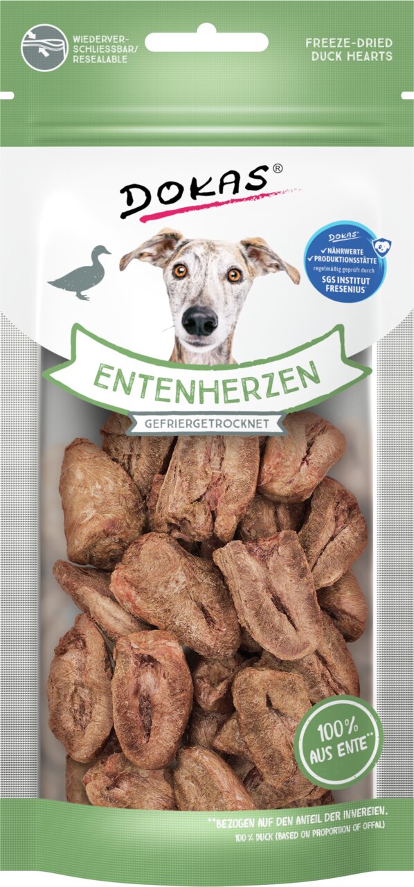 Gefriergetrocknete Entenherzen von Dokas für Hunde, aus 100 % Ente, 70 g, wiederverschließbar, ohne künstliche Zusätze.