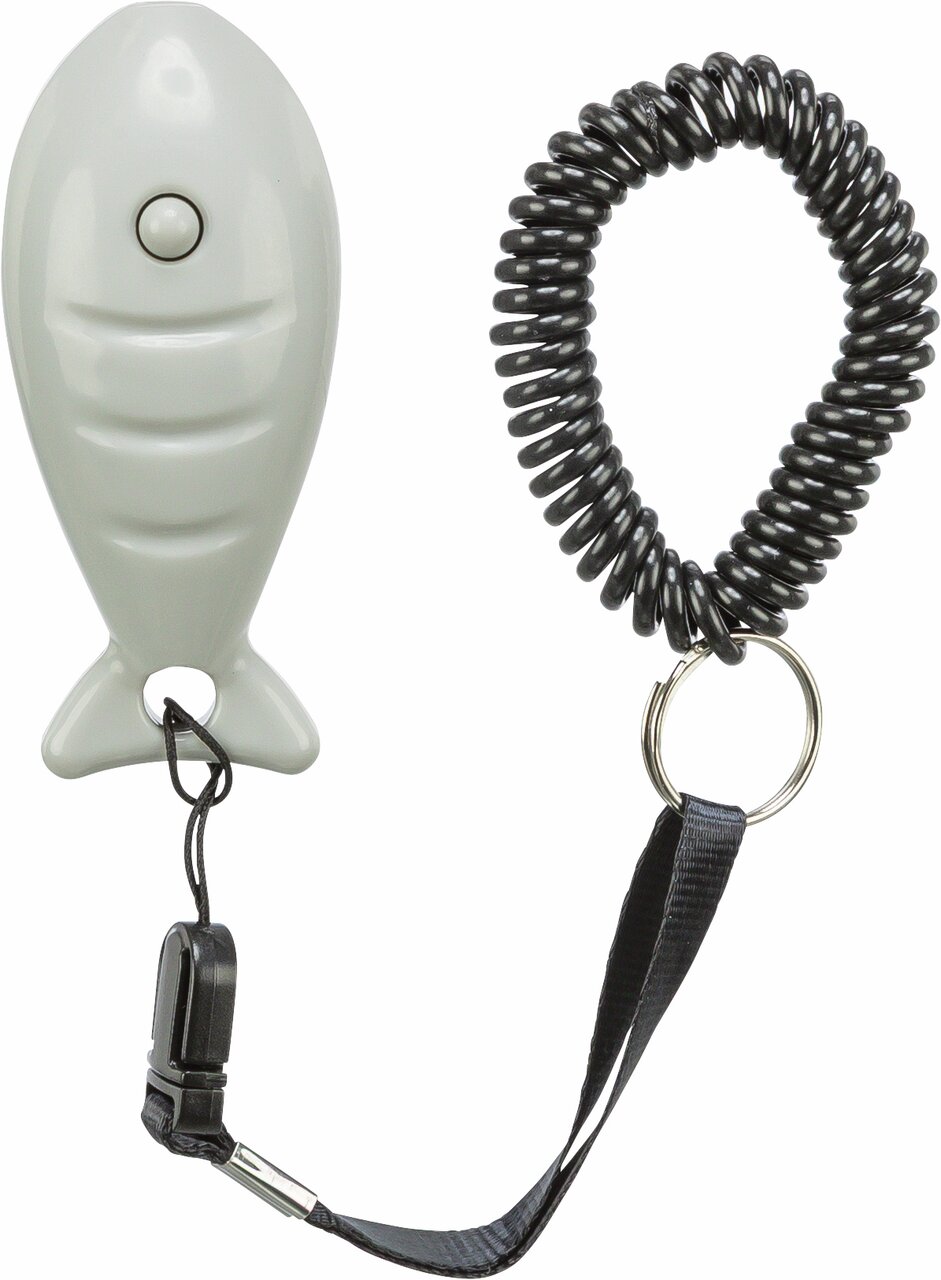 TRIXIE Fisch-Clicker für Hundeausbildung, ergonomisches Design, inklusive Spiralschlaufe und Clip zur praktischen Befestigung.