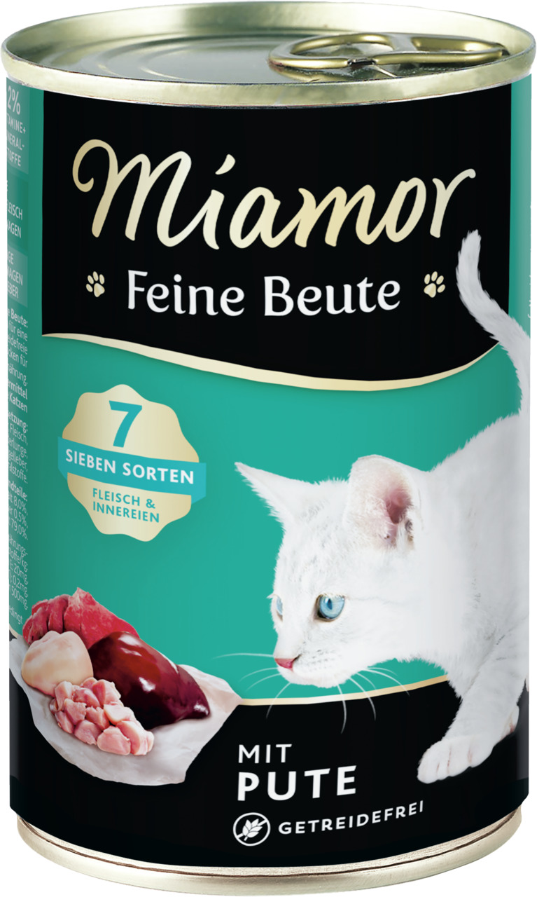 Miamor Feine Beute Katzenfutter, getreidefrei, Sorte: Mit Pute, 7 Sorten Fleisch & Innereien, für Katzen.