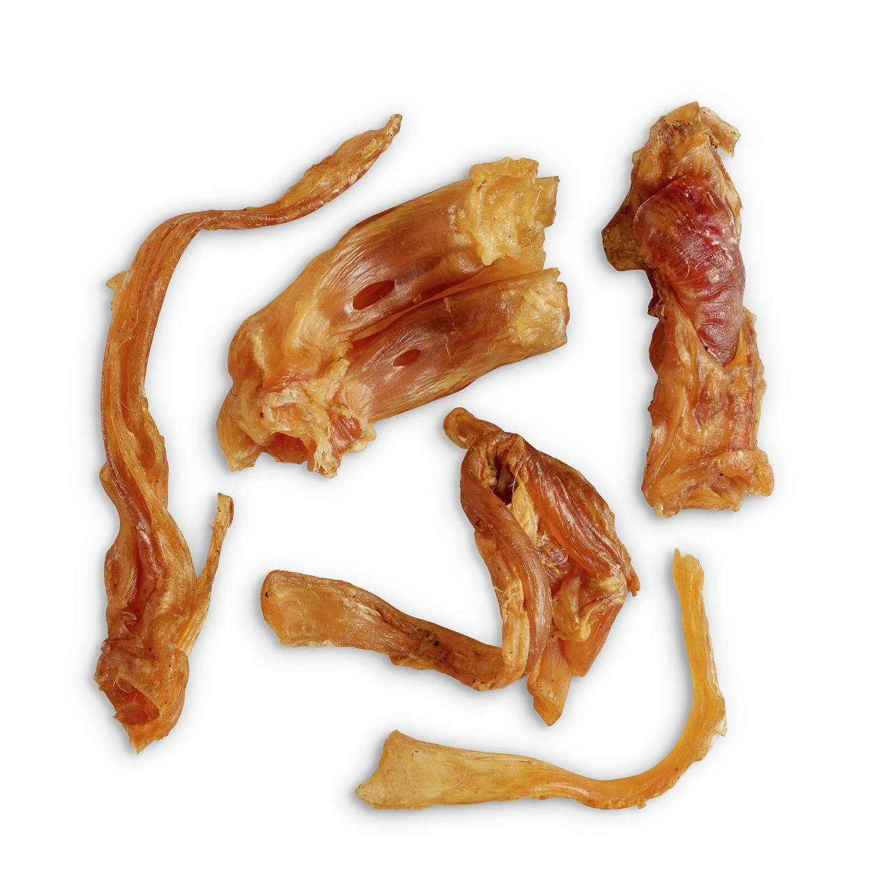 Das Bild zeigt getrocknete Kauartikel der Marke Lottis Häppchen, speziell Hühnerhälse, die als natürlicher Snack für Hunde angeboten werden. Die Zielgruppe sind Hunde aller Größen. Die Kauartikel sind proteinreich, unterstützen die Zahnpflege und fördern 