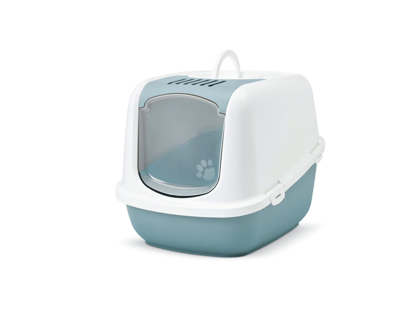 Savic Katzentoilette "Nestor", geschl., für Katzen, Weiß/Blau, Schwingtür mit Pfotenmotiv, hygienisch, geruchskontrollierend, mit Griff.
