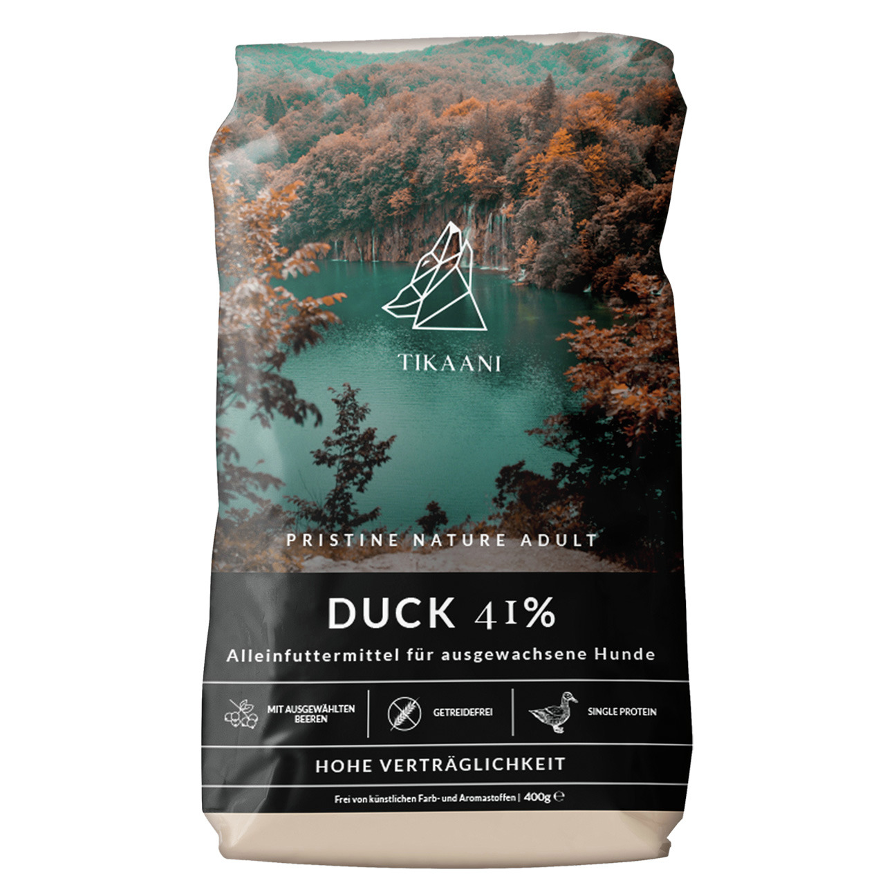 TIKAANI Pristine Nature Adult Duck 41%, Alleinfutter f. erw. Hunde, Ente (41%), 400 g, getreidefrei, verträglich, mit Beeren.