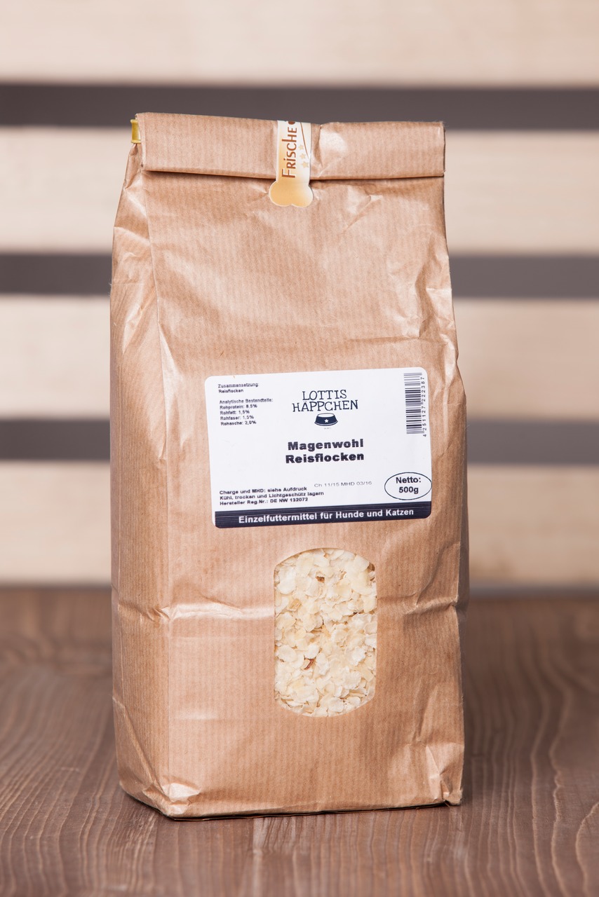 Lottis Häppchen Magenwohl Reisflocken, Einzelfuttermittel f. Hunde-Katzen, 500 g, hochwertige Tiernahrung, Sichtfenster.