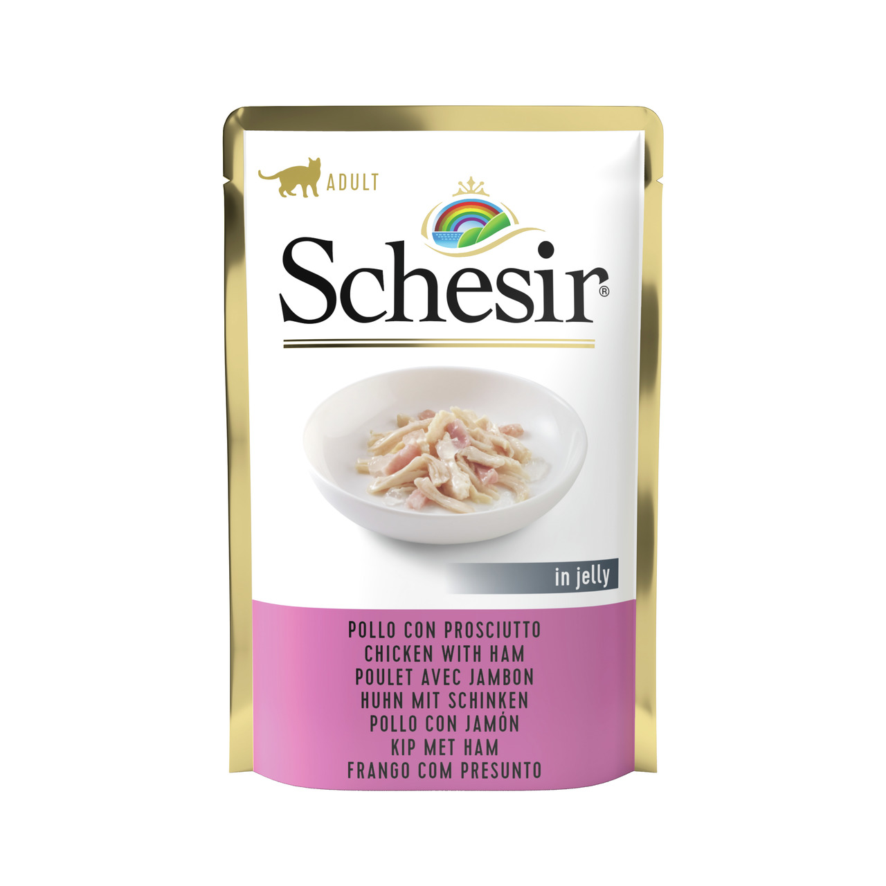 Sparpaket 40 x 85 g Schesir Adult Huhn mit Schinken in Jelly Katzen Nassfutter
