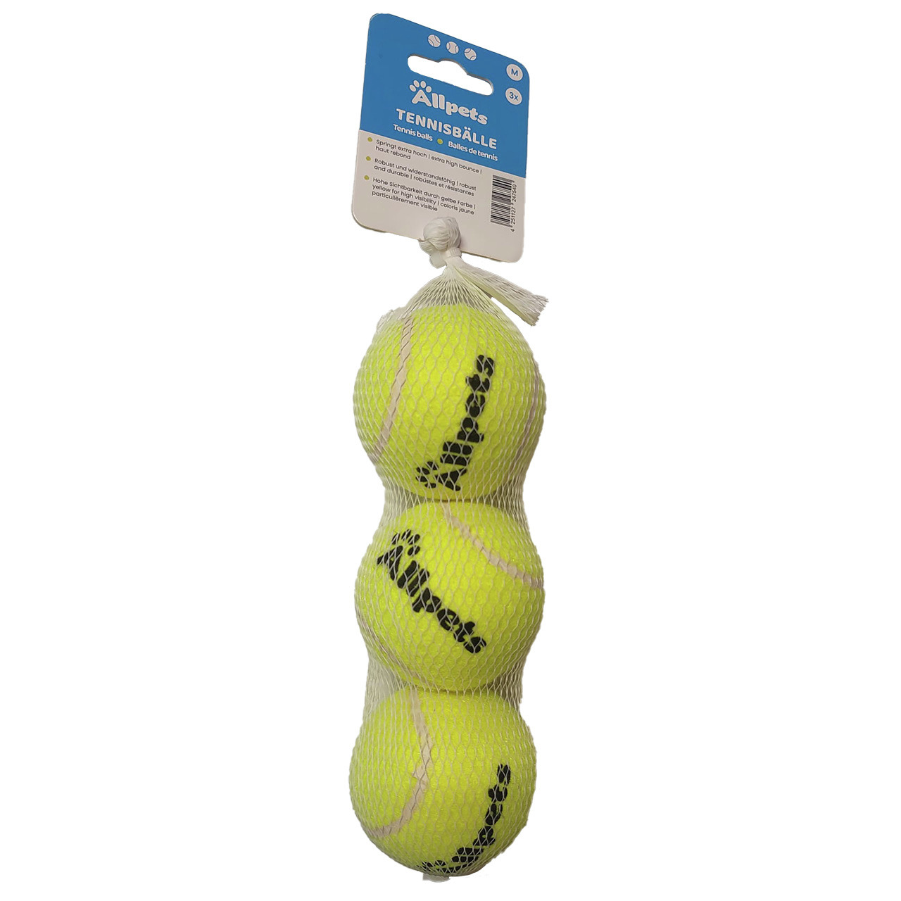 Allpets Tennisball-Set (3 Stk.) für Hunde, mittlere Größe, gelb, für Spielspaß & Bewegung, im weißen Netz verpackt.