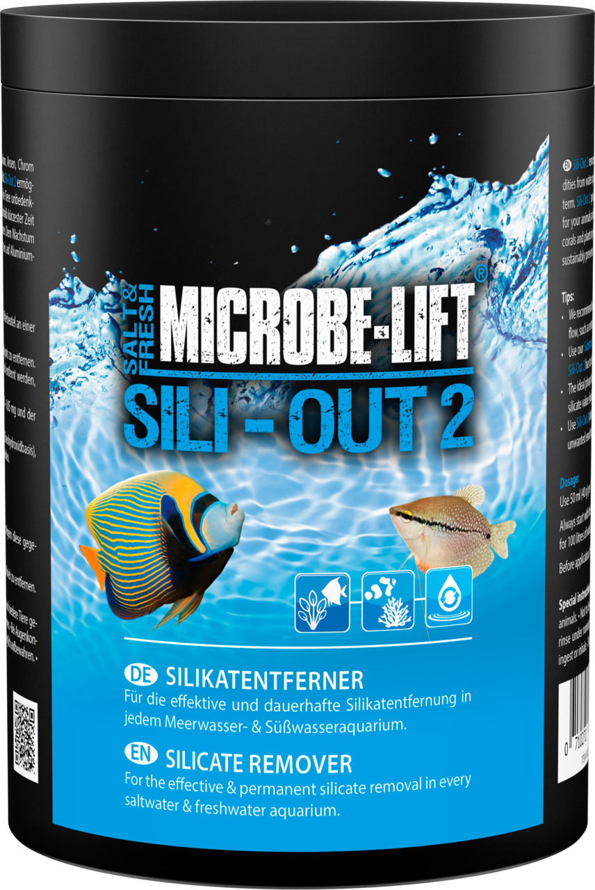 Das Bild zeigt das Produkt "MICROBE-LIFT SILI-OUT 2", einen Silikatentferner für Meerwasser- und Süßwasseraquarien. Die schwarze Verpackung mit blauem Design zeigt zwei Fische und Symbole für Aquarienpflege. Es wird eine effektive und dauerhafte Entfernun