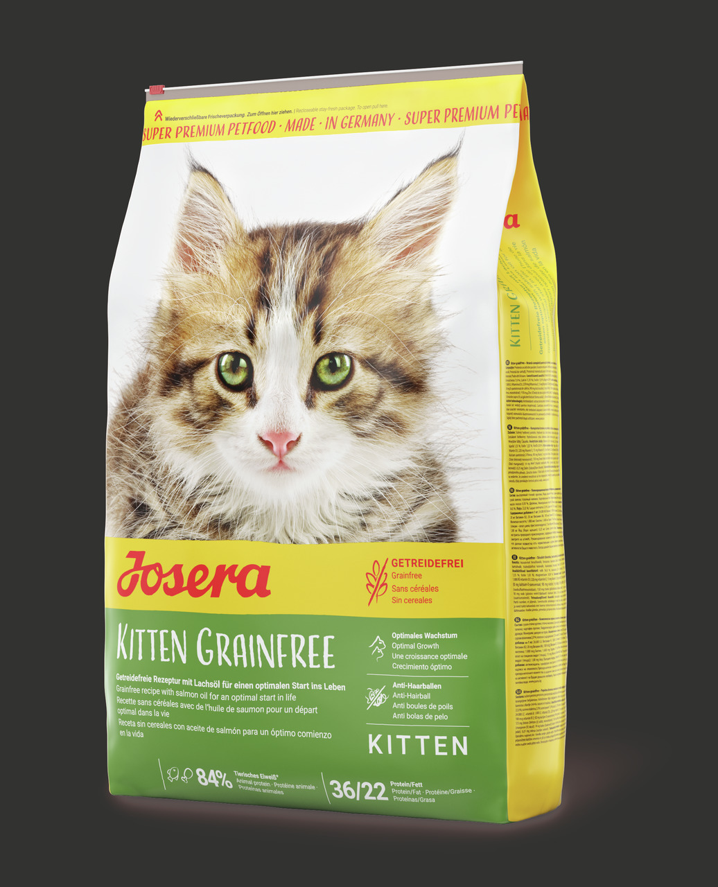 Josera Kitten Grainfree, für Kätzchen, getreidefrei, mit Lachsöl, Anti-Haarballen, 36-22 Protein-Fett, optimales Wachstum.