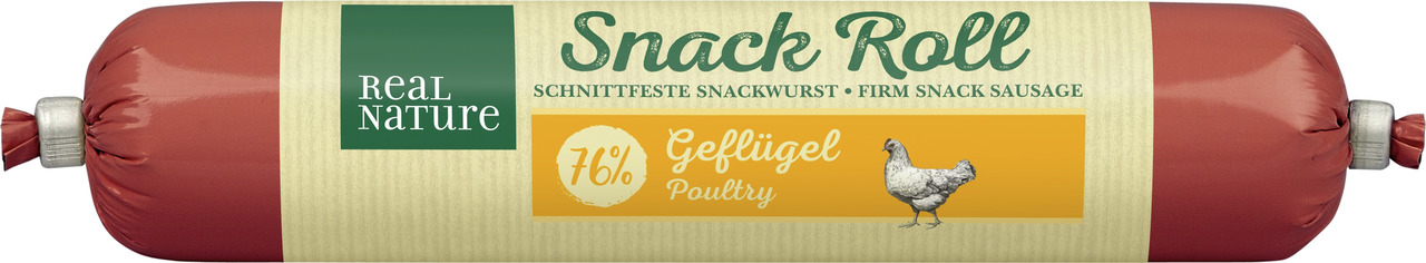 Real Nature Snack Roll: schnittfeste Snackwurst für Hunde, Geflügel, 76 % Fleischanteil, beige-rote Verpackung, grünes Logo.