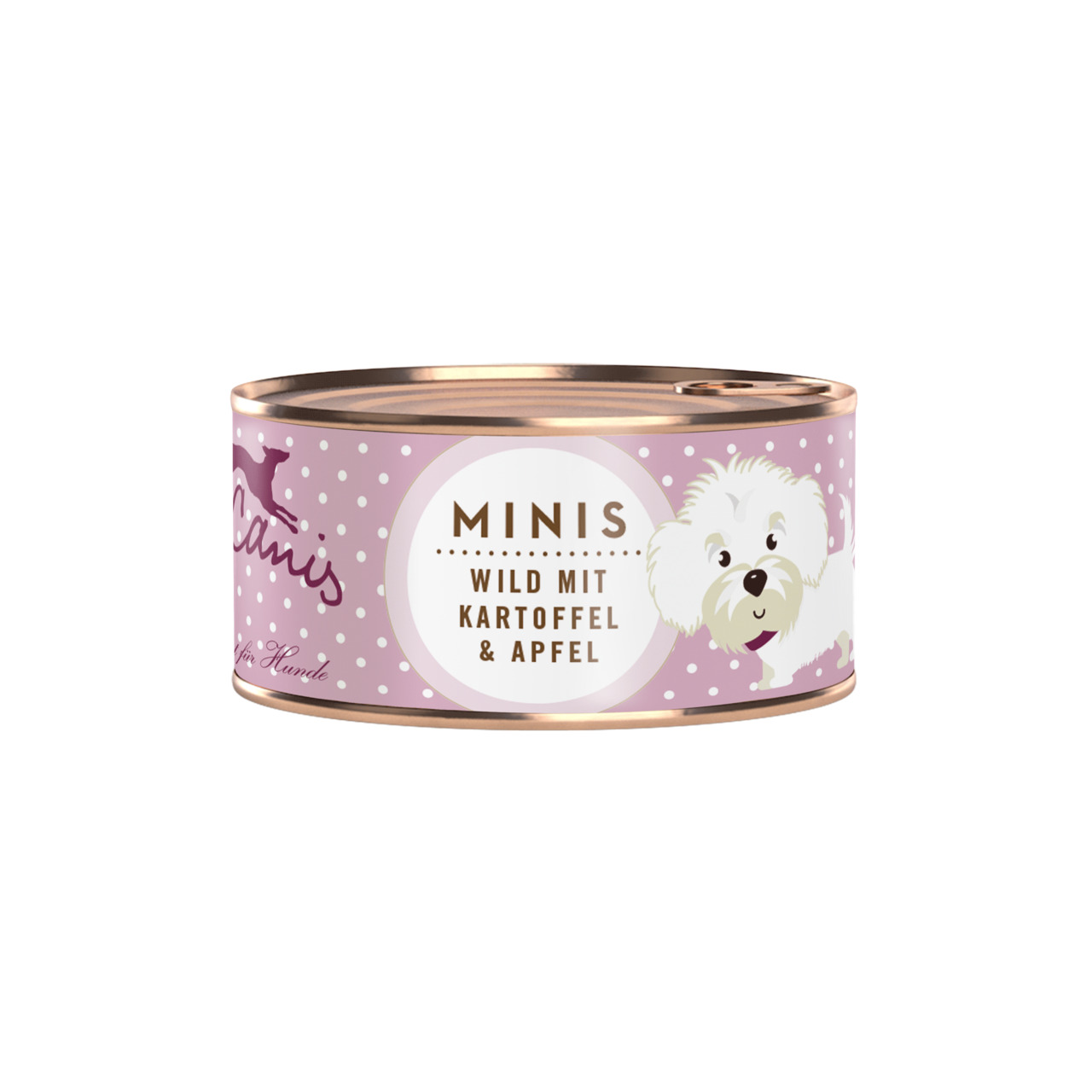 Terra Canis Minis Hundefutter, Wild mit Kartoffel & Apfel, ideal für kleine Rassen/Snack, 1 Dose, zart lila mit weißen Punkten.