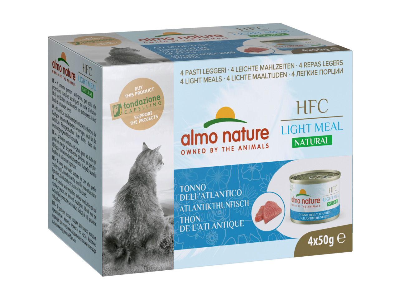 Das Bild zeigt eine Verpackung des Katzenfutters „Almo Nature HFC Light Meal Natural“ mit der Geschmacksrichtung Atlantikthunfisch. Die Zielgruppe sind Katzen. Die Packung enthält 4 Dosen à 50 g. Auf der Verpackung ist ein Katzenmotiv sowie der Hinweis au