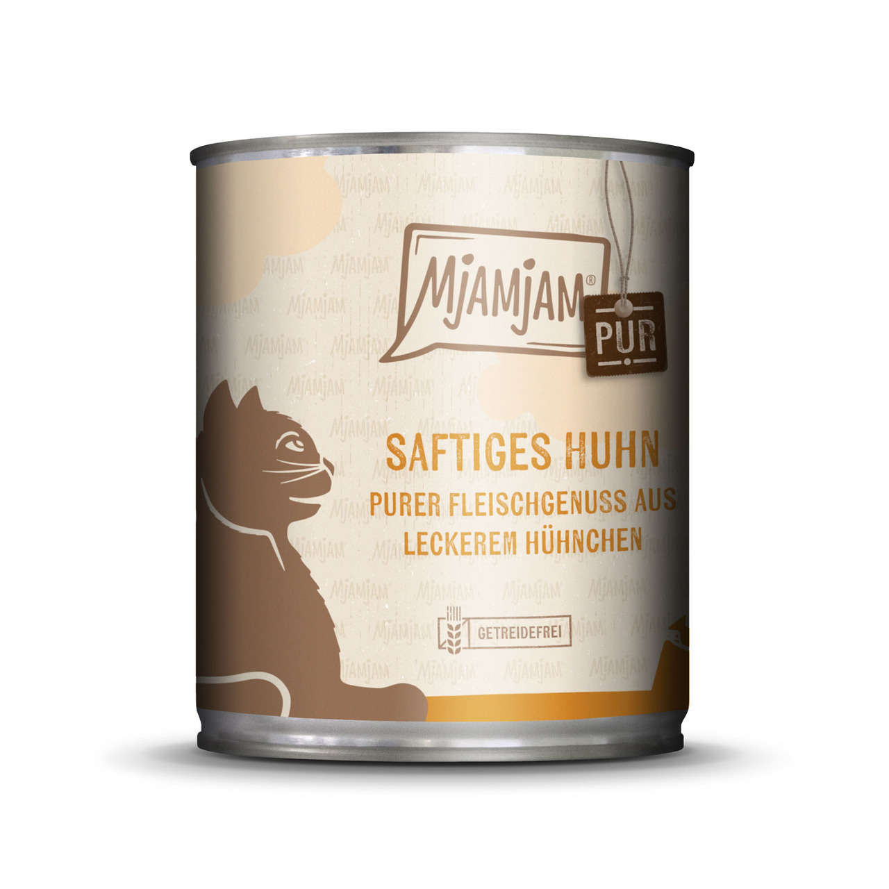 Das Bild zeigt eine Dose Katzenfutter der Marke MJAMJAM mit der Geschmacksrichtung "Saftiges Huhn". Die Verpackung ist beige mit braunen Akzenten und zeigt eine stilisierte Katze. Das Produkt ist getreidefrei und bietet puren Fleischgenuss aus Huhn. Die M