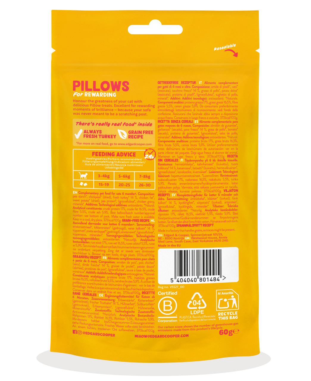 Rückseite einer gelben Verpackung von Edgard & Cooper „Pillows For Rewarding“. Getreidefreie Katzensnacks mit frischem Truthahn, geeignet für Katzen ab 6 Monaten. Enthält 60 g. Verpackung mit wiederverschließbarem Verschluss. Nachhaltig produziert, recycl