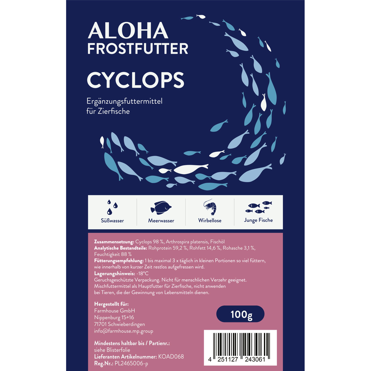 ALOHA Frostfutter Cyclops, Ergänzungsfutter f. Zierfische (Süß--Meerwasser, Wirbellose, Jungfische), 100 g, 98 % Cyclops, tiefgefroren.