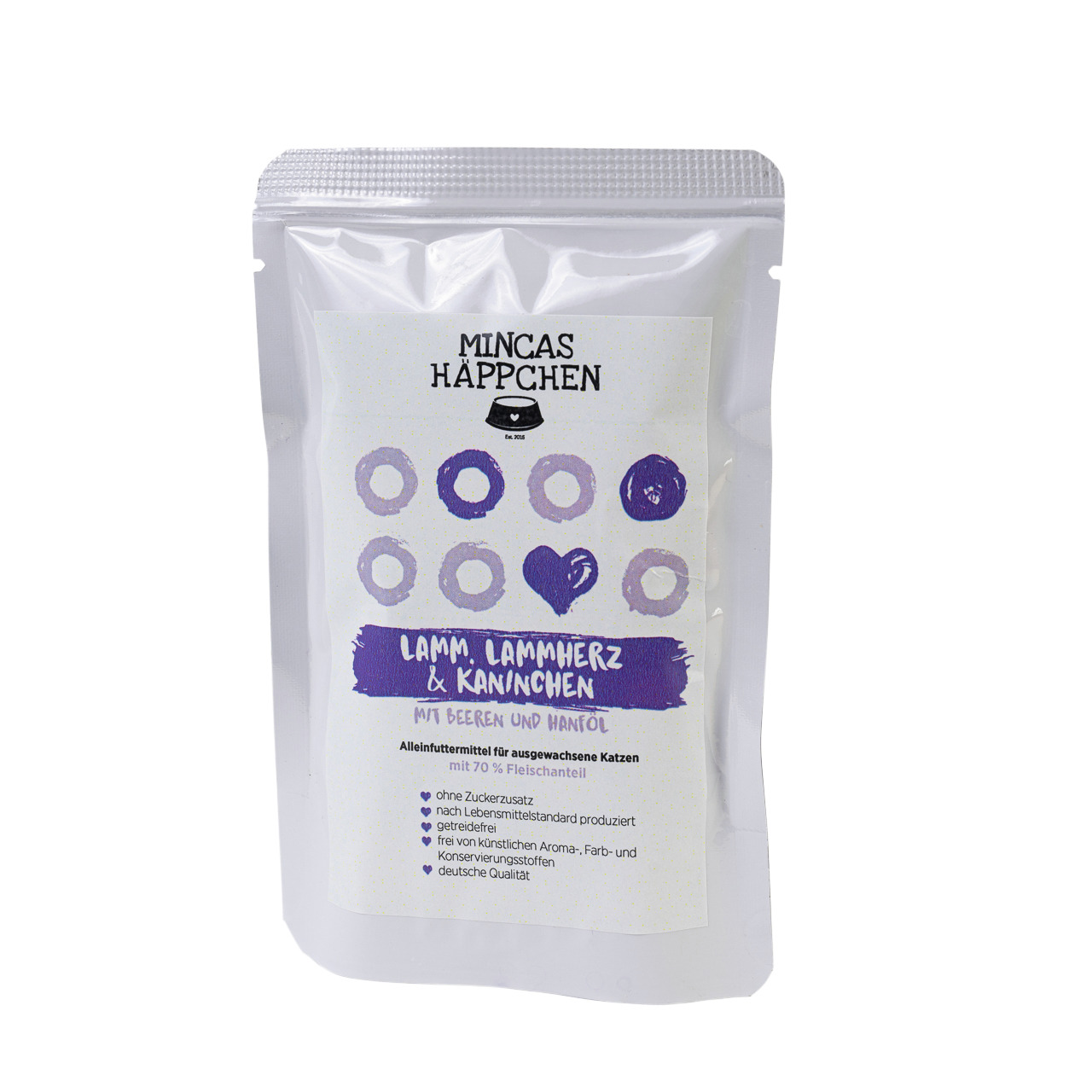 Mincas „MINCAS HÄPPCHEN“ für Katzen: Lamm, Lammherz & Kaninchen mit Beeren, Hanföl, 70 % Fleisch, getreidefrei, 125 g, ohne Zucker.