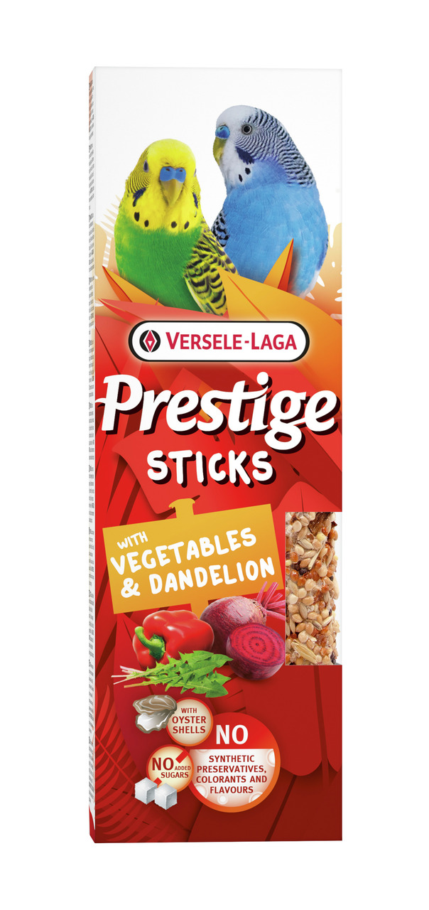Das Bild zeigt die Verpackung der "Versele-Laga Prestige Sticks" für Wellensittiche. Die Geschmacksrichtung ist Gemüse und Löwenzahn. Die Verpackung hebt hervor, dass das Produkt ohne Zucker, synthetische Konservierungsstoffe, Farbstoffe und Aromen herges