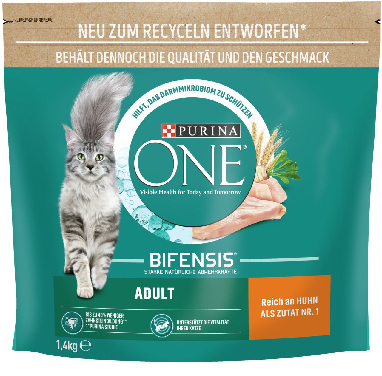 Das Bild zeigt eine Verpackung des Katzenfutters „Purina ONE Bifensis Adult“ mit Huhn als Hauptzutat. Es ist für ausgewachsene Katzen geeignet und unterstützt die Vitalität sowie die Zahngesundheit. Die Verpackung enthält 1,4 kg und ist nachhaltig gestalt