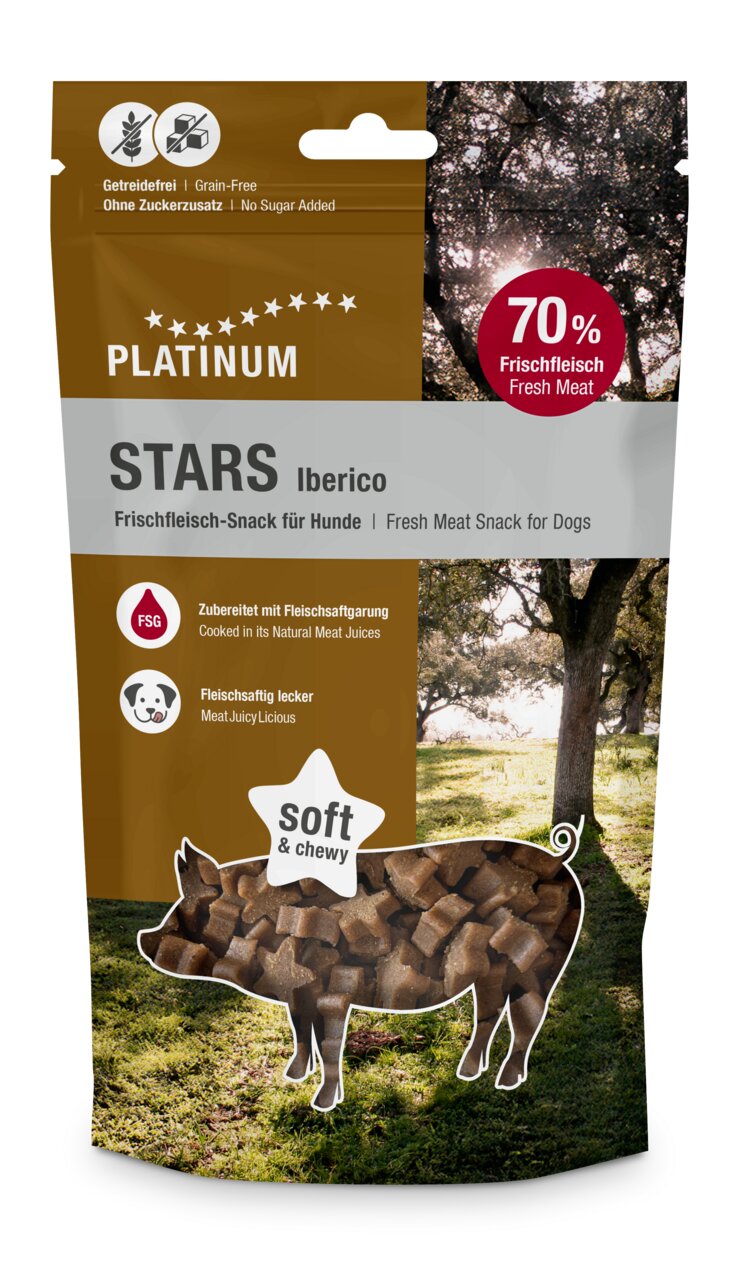PLATINUM Stars Iberico für Hunde, getreidefrei, 70 % Frischfleisch, Iberico-Geschmack, frischfleischsaftig, 150 g.