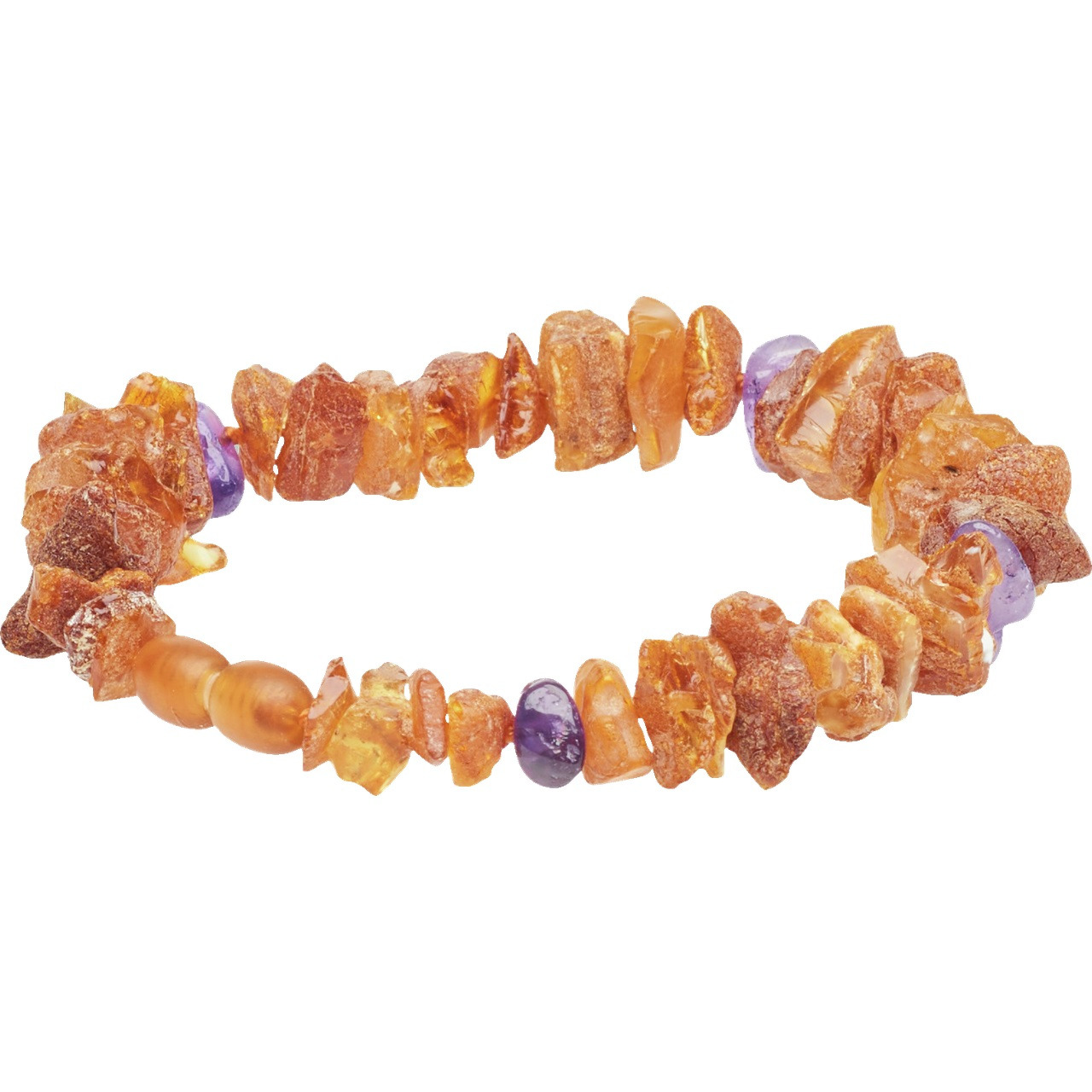 Elastisches Armband aus Bernstein- & Amethyststeinen in Orange & Violett, rustikaler Look, ideal für Fans natürlicher Materialien.