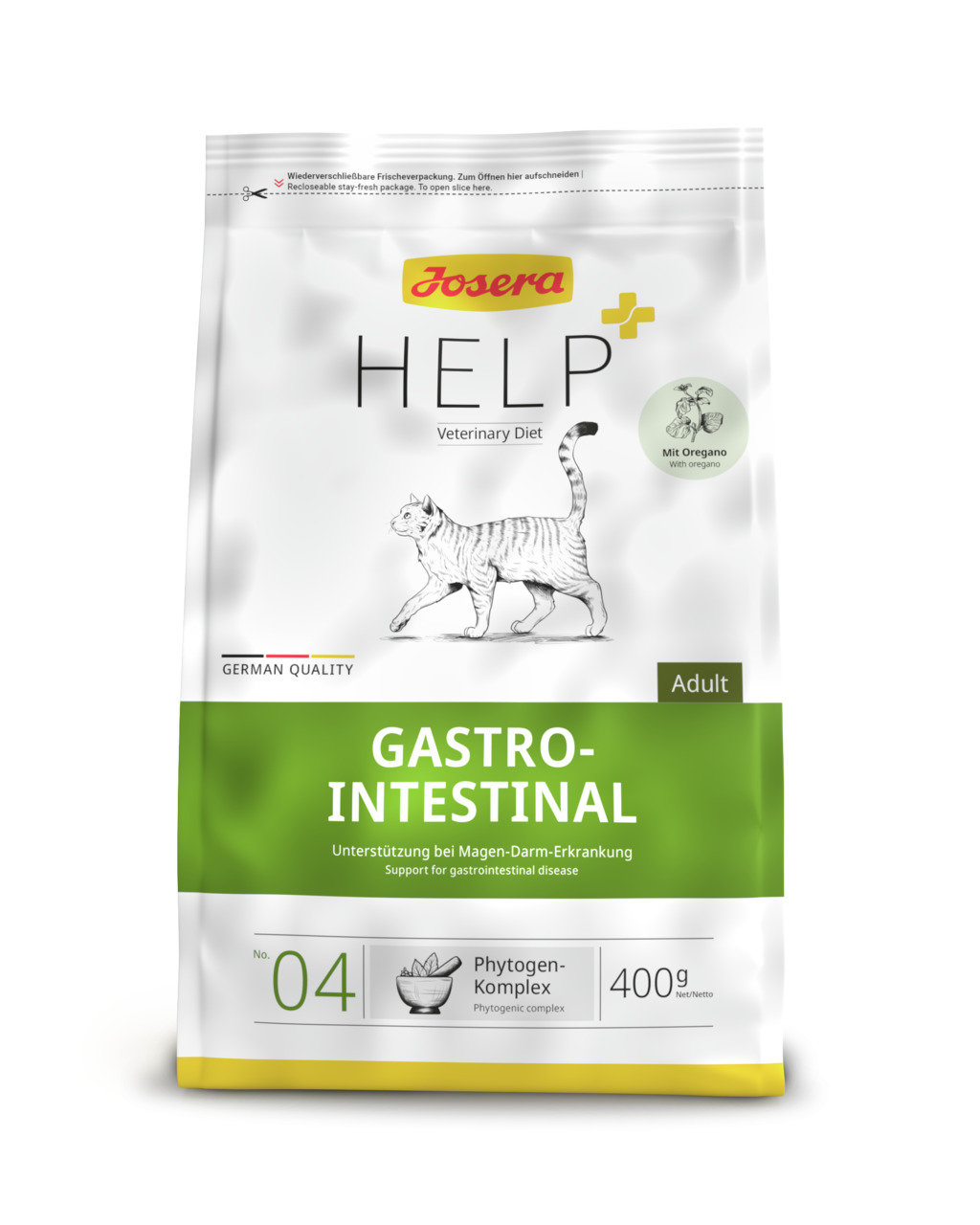 Josera Help Gastrointestinal, Katzenfutter f. ausgew. Katzen, Magen-Darm-Trakt, Phytogen-Komplex m. Oregano, 400 g, wiederverschließbar.