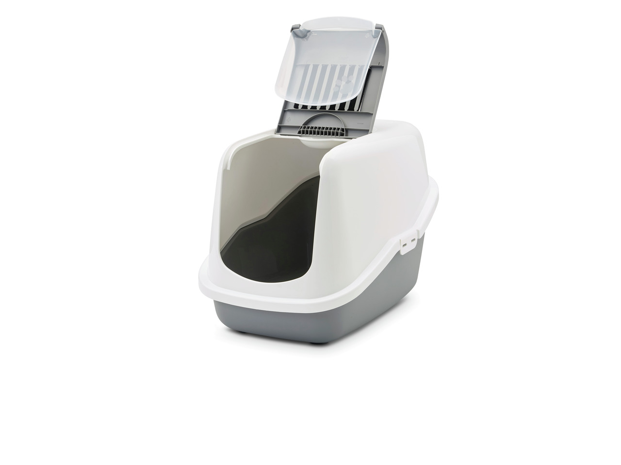 Katzentoilette SAVIC Nestor, für Katzen aller Größen, Weiß-Grau, mit Klappe & Filter, hygienisch, leicht zu reinigen.