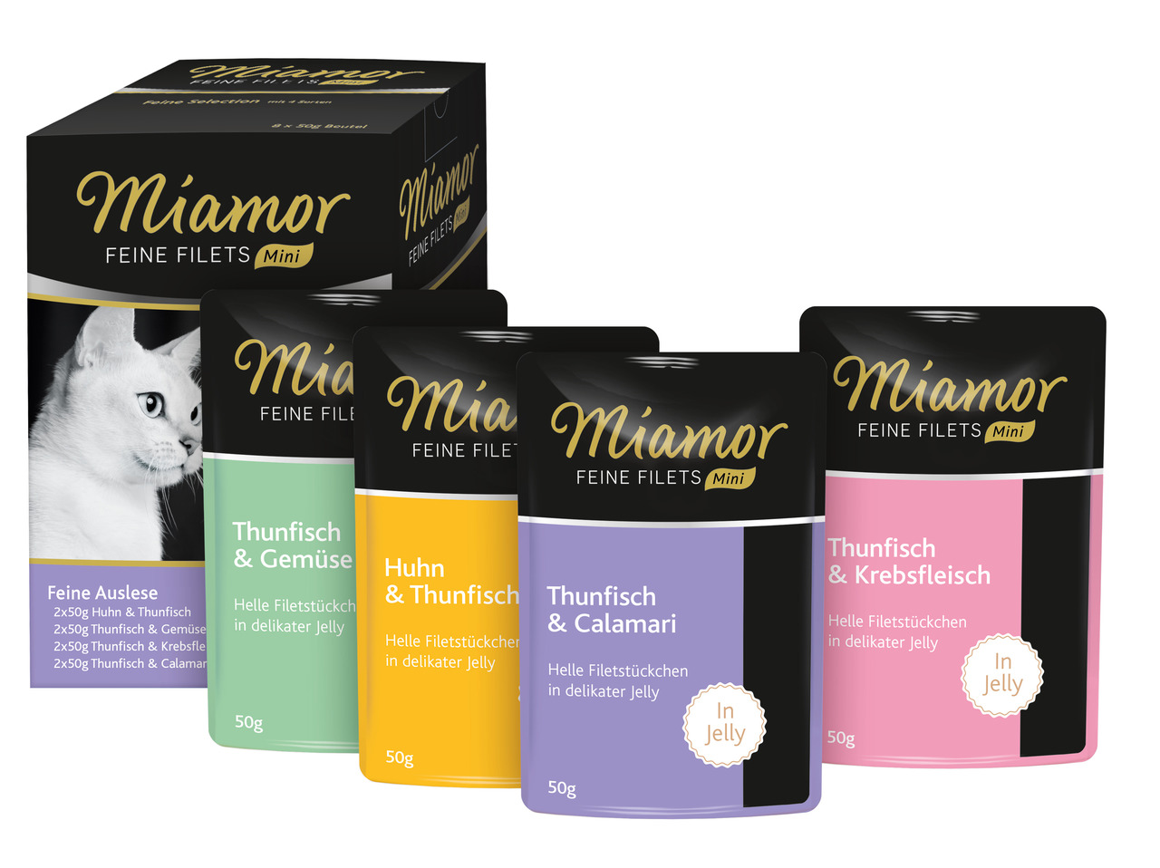 Miamor Feine Filets Mini, Katzenfutter, Thunfisch+Gemüse-Huhn+Thunfisch-Calamari-Krebs, 50g, Premium-Qualität, helle Filets in Jelly.