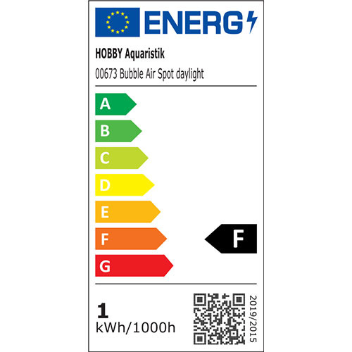 Das Bild zeigt ein Energieeffizienzlabel für das Produkt "HOBBY Aquaristik 00673 Bubble Air Spot daylight". Die Energieeffizienzklasse ist F. Das Label enthält eine Farbskala von A (grün) bis G (rot), den Energieverbrauch von 1 kWh/1000h und einen QR-Code