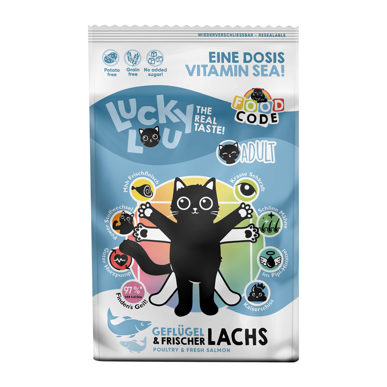 Lucky Lou Katzenfutter Geflügel & Lachs, für erw. Katzen, mit Frischfleisch, getreidefrei, ohne Zucker, 1x wiederverschließbar.