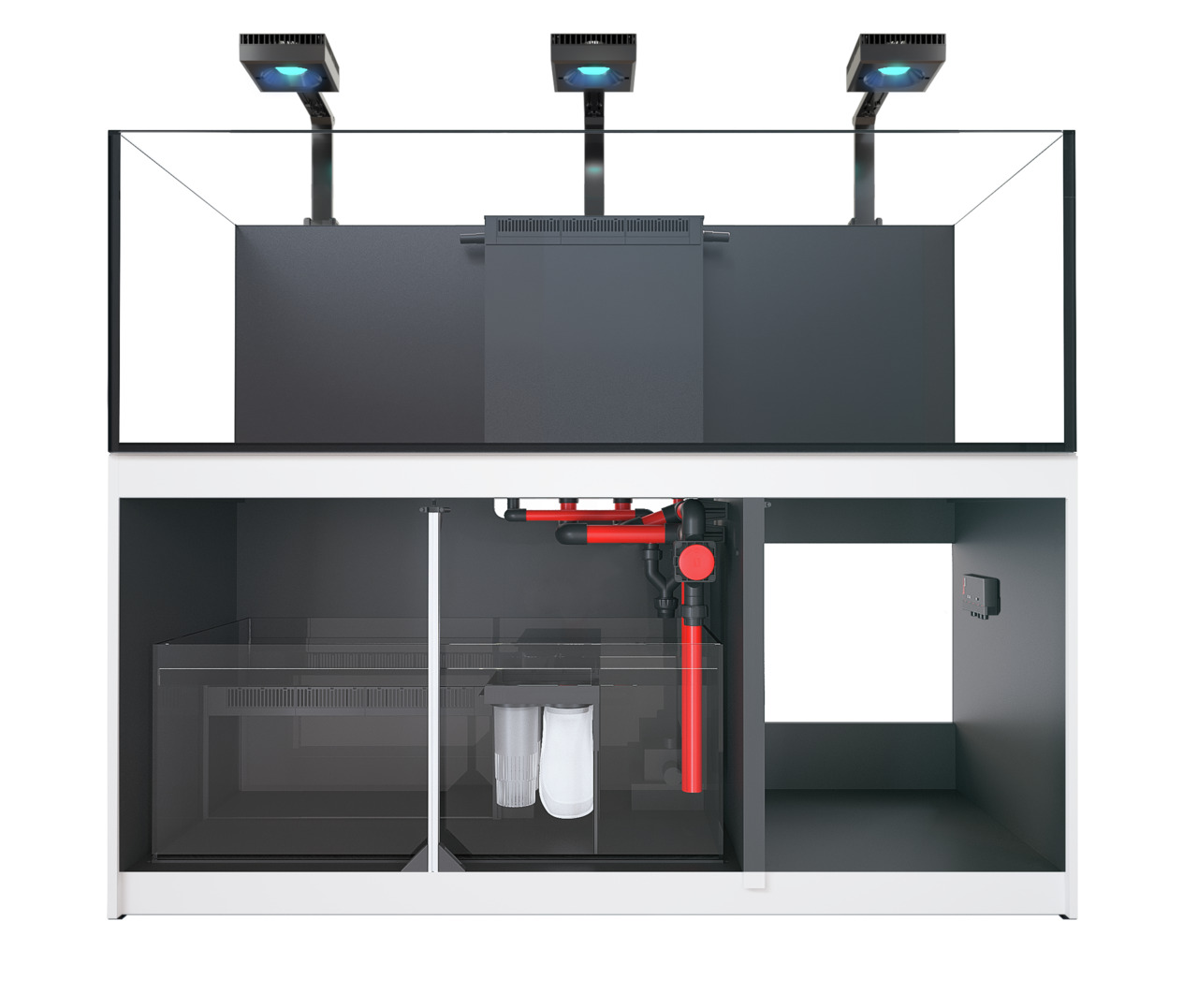 Das Bild zeigt das Red Sea Reefer 3XL 900 Aquarium-System, ein hochwertiges Meerwasseraquarium für erfahrene Aquaristik-Enthusiasten. Es umfasst ein großes Becken mit LED-Beleuchtung, ein integriertes Filtersystem und einen geräumigen Unterschrank. Ideal 