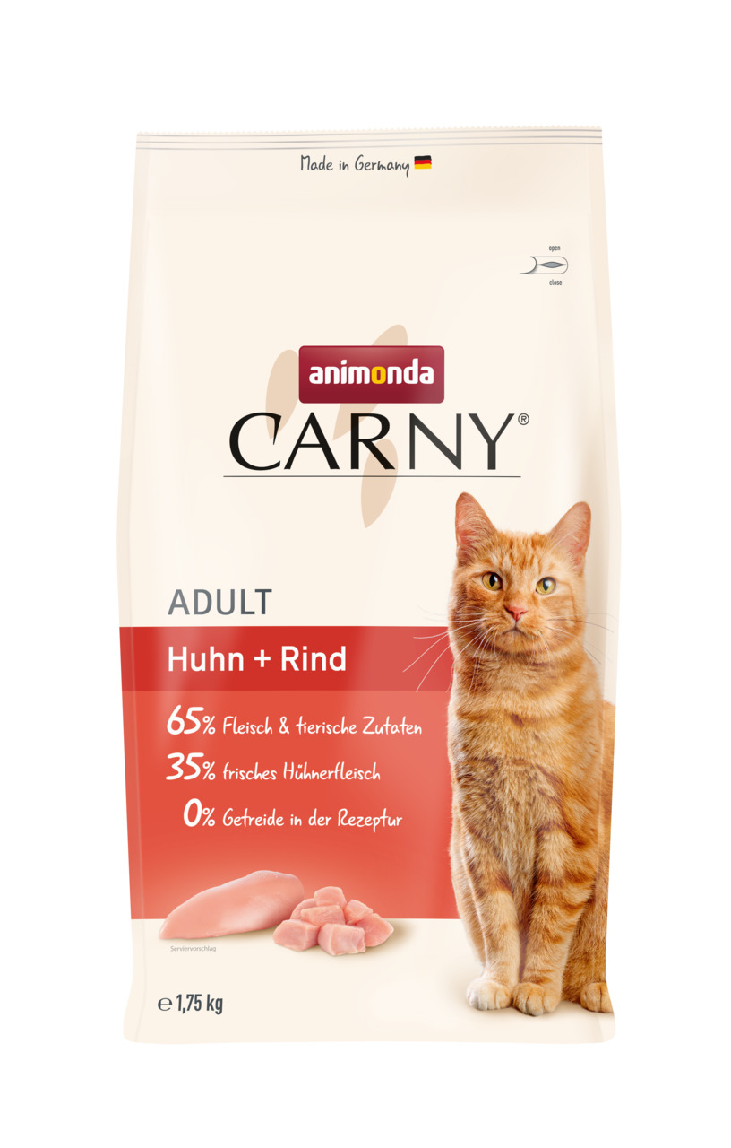 Das Bild zeigt eine Verpackung des Katzenfutters „Animonda Carny Adult Huhn + Rind“. Es ist für ausgewachsene Katzen geeignet und enthält 65 % Fleisch und tierische Zutaten, davon 35 % frisches Hühnerfleisch. Die Rezeptur ist getreidefrei. Die Packung hat