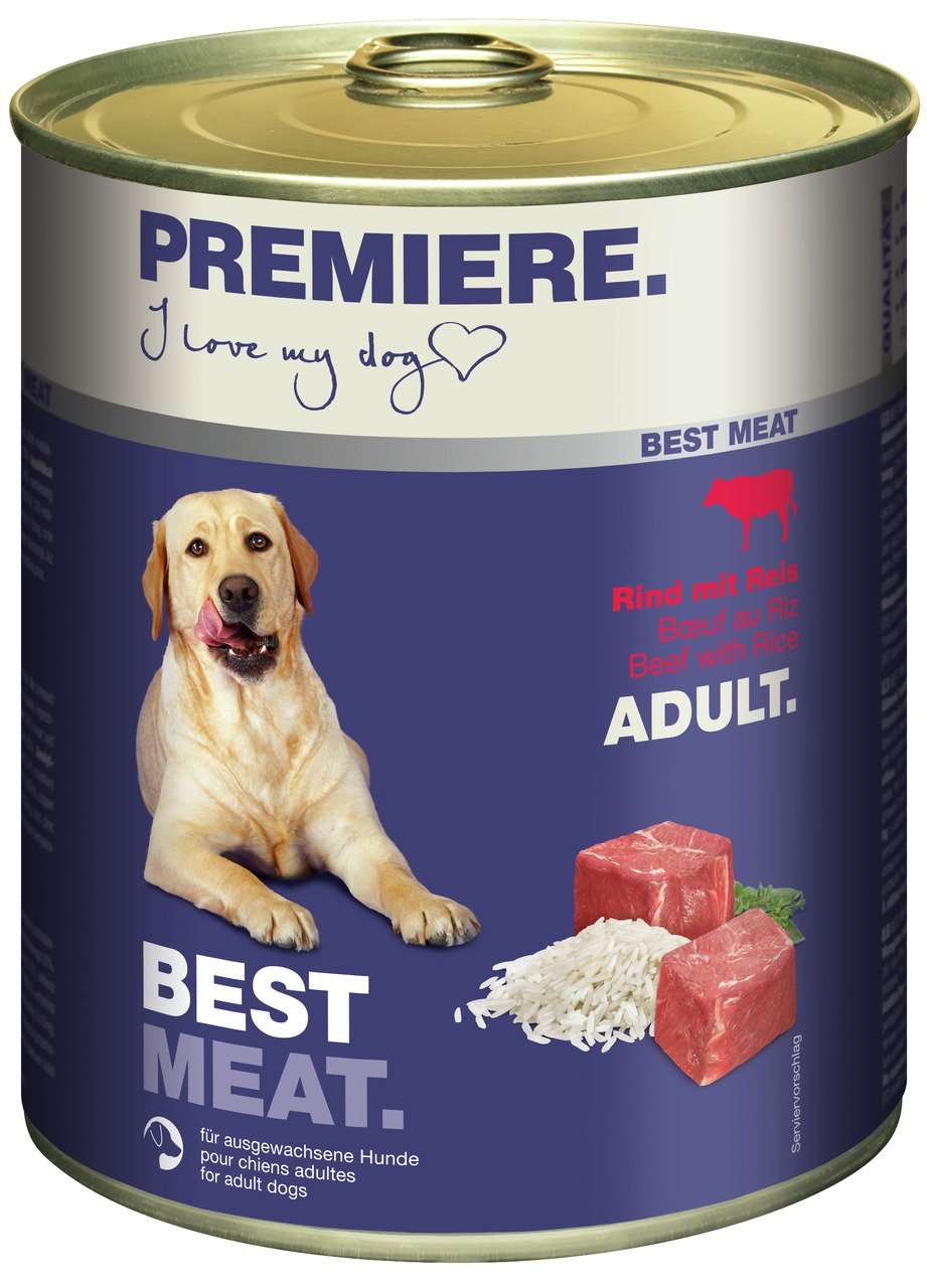 PREMIERE BEST MEAT, Rind mit Reis, 800 g, für ausgewachsene Hunde, ausgewogene Ernährung, "I love my dog".