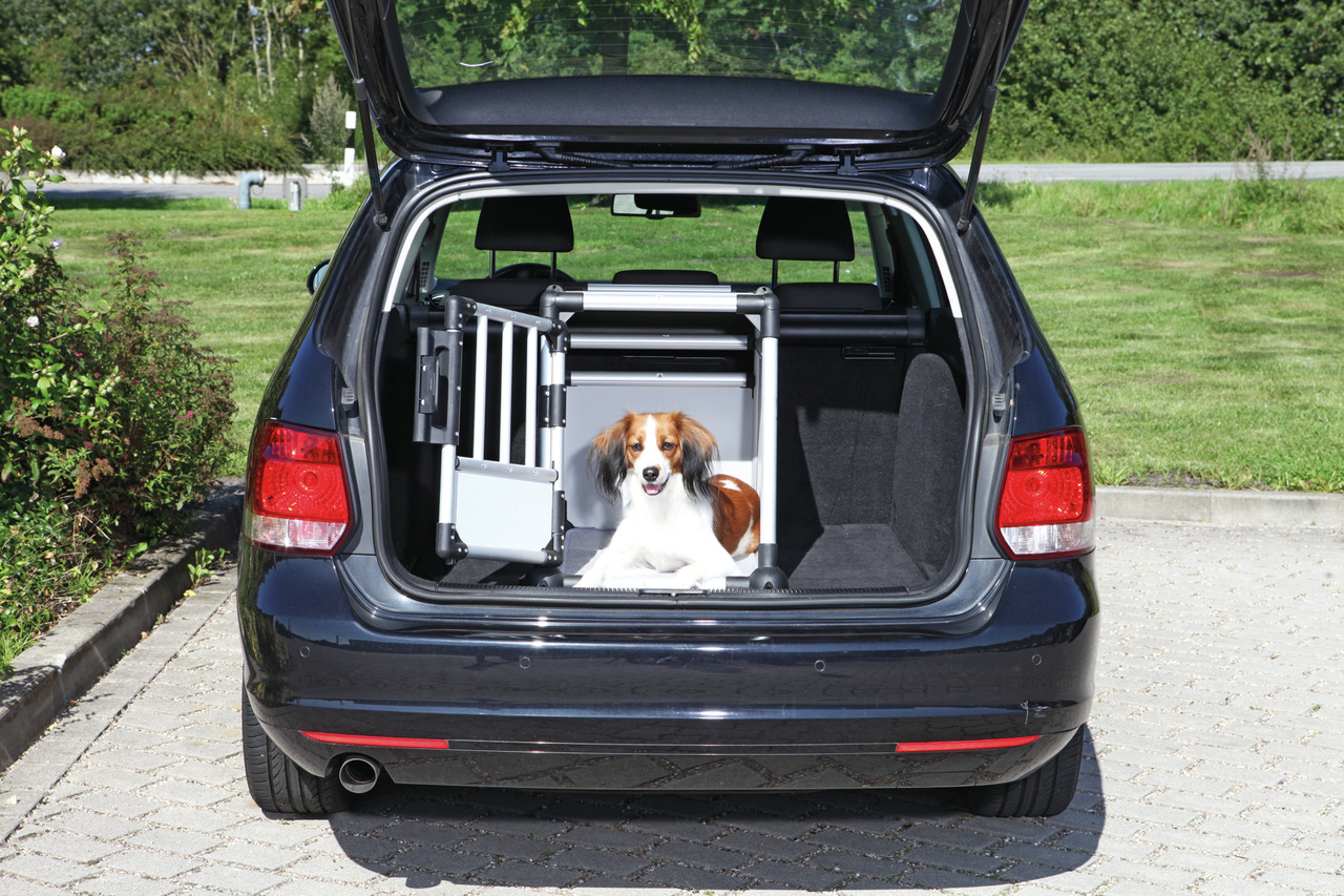 TRIXIE Hundetransportbox, stabil & sicher, für Hunde, silbern, ideal für Auto, mit mittelgroßem braun-weißem Hund im Bild.