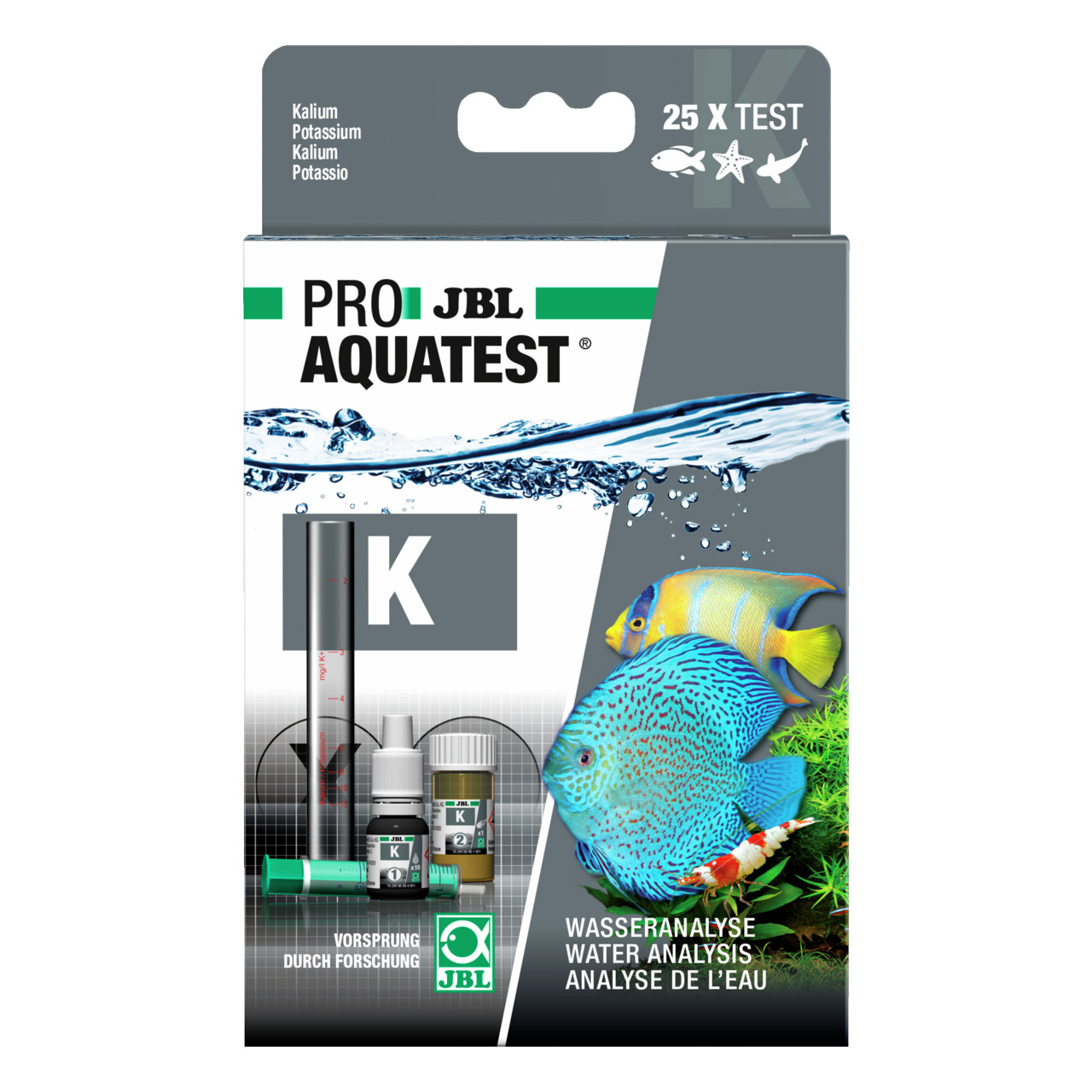 JBL ProAquaTest K: Kalium-Wassertest-Set f. Aquarienbesitzer, 25 Tests, inkl. Reagenzien & Zubehör, für Fische & Pflanzen.