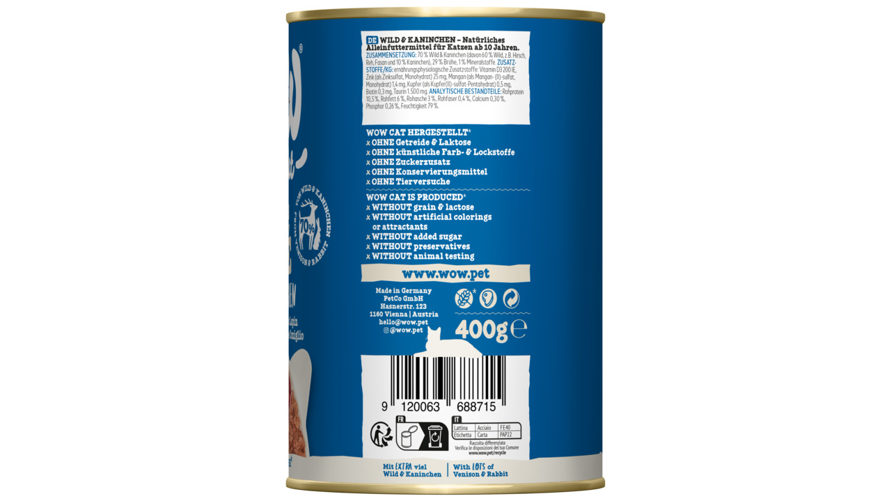 WOW Cat Senior PATÈ Wild & Kaninchen. 400 g