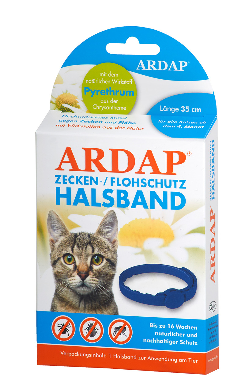 ARDAP Zecken- & Flohschutz-Halsband für Katzen, ab 4. Monat, natürl. Schutz bis 16 Wochen, Wirkstoff Pyrethrum, Länge: 35 cm.