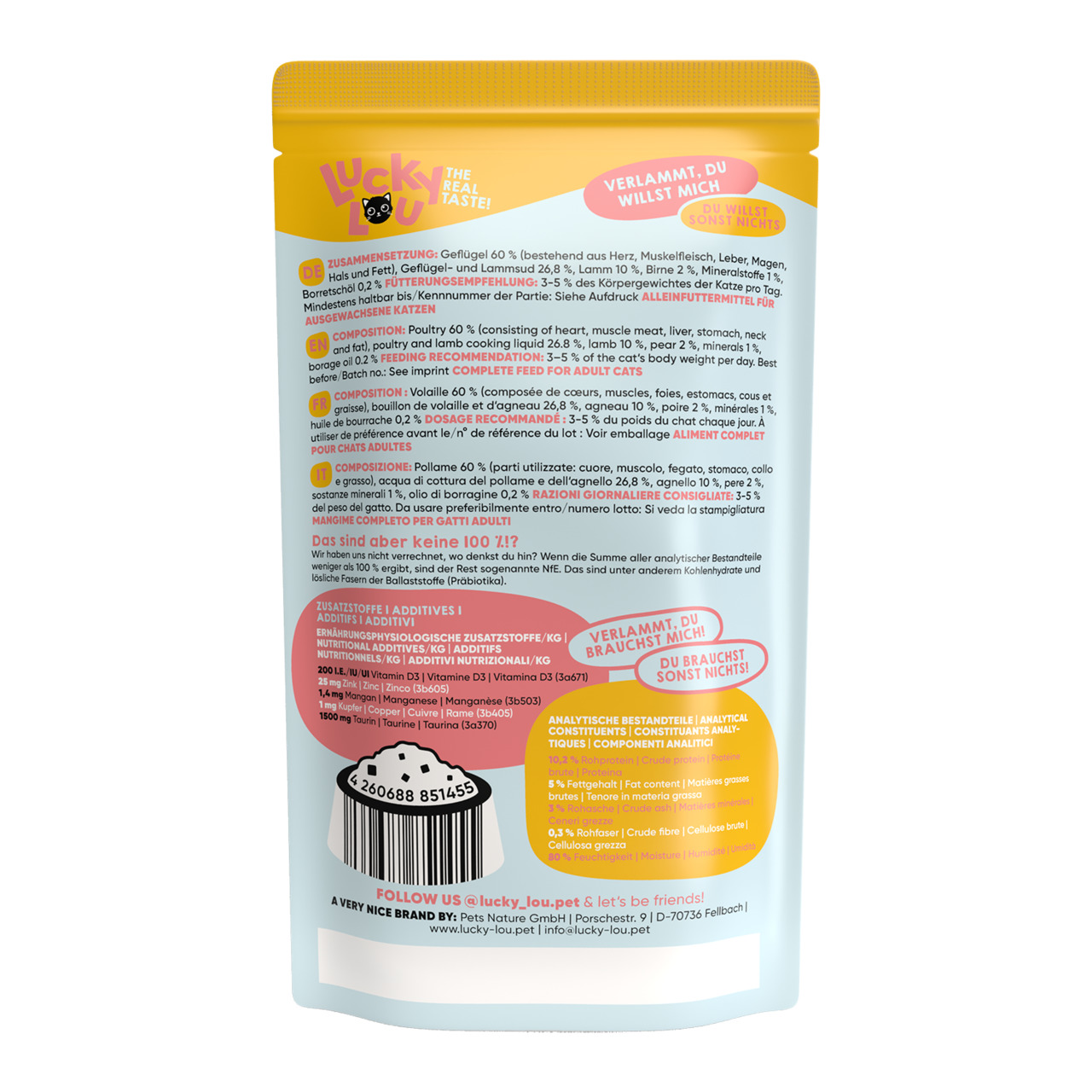 Lucky Lou – The Real Taste, für ausgewachsene Katzen, Geflügel (60 %), mit Lamm & Leber, 100 g. „Verlammt, du willst mich!“